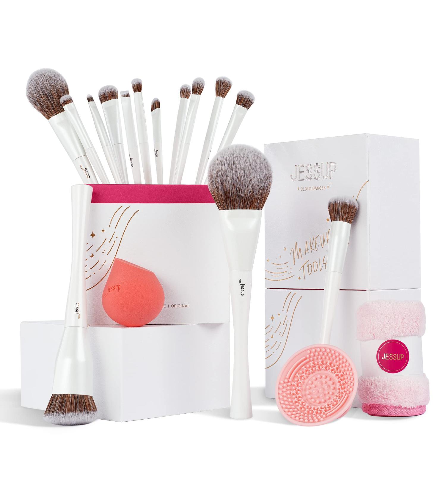 Jessup 14pcs Highend Makeup Brushes Set - Foundation Concealer Blush Contour Powder Eye Brush Makeup Sponge Cleaner Towel | Pearl White T333 - Buy Online on SooperMarket.com