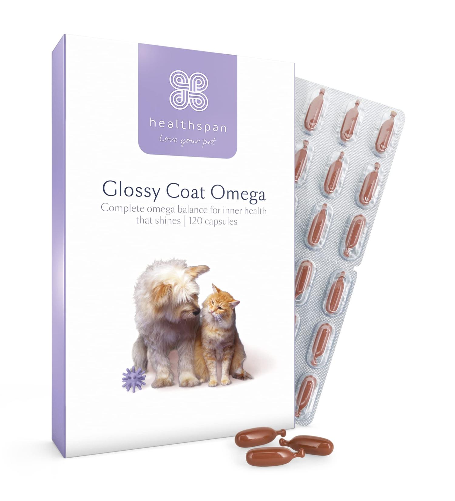 Healthspan Glossy Coat Omega 3 6 & 9 for Cats & Dogs 120 Capsules | DHA & EPA | Chicken & Beef Flavour | Pet Health Supplement - Buy Online on SooperMarket.com
