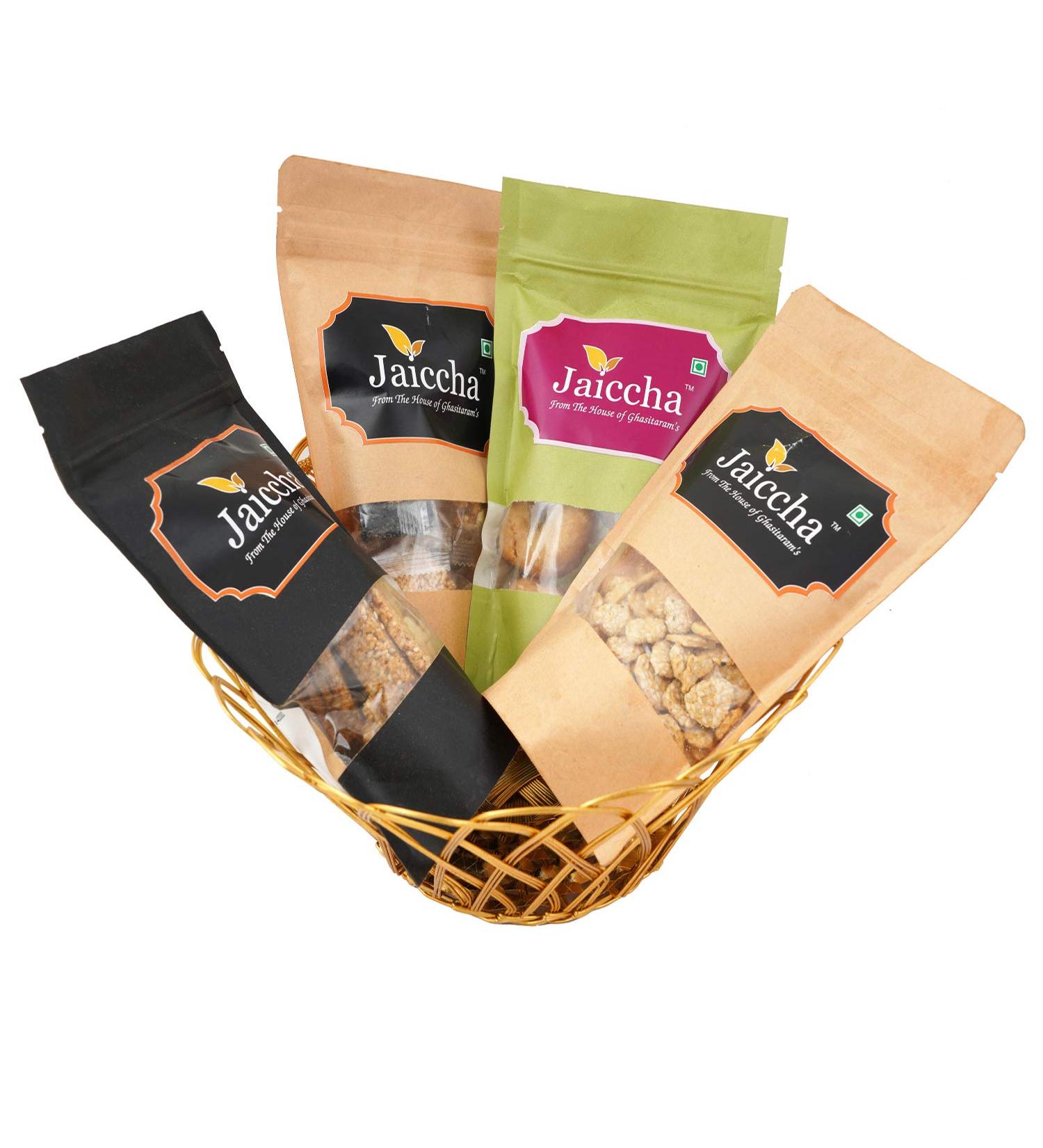 Ghasitaram Gifts Jaiccha Lohri Sweets Golden Basket of Til Gachak Lohri Khajoor Gud Rewadi and Assorted Chikki Pouches|Gift for Diwali Holi Rakhi Valentine Christmas Birthday Anniversary Her Him| - Buy Online on SooperMarket.com