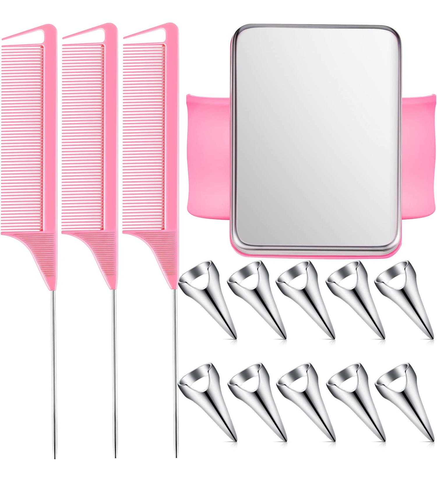 10-Piece Hair Parting Ring Set with Steel Rat Tail Comb - Pink/Silver Magnetic Wrist Pin Hair Parting Tool - Buy Online on SooperMarket.com