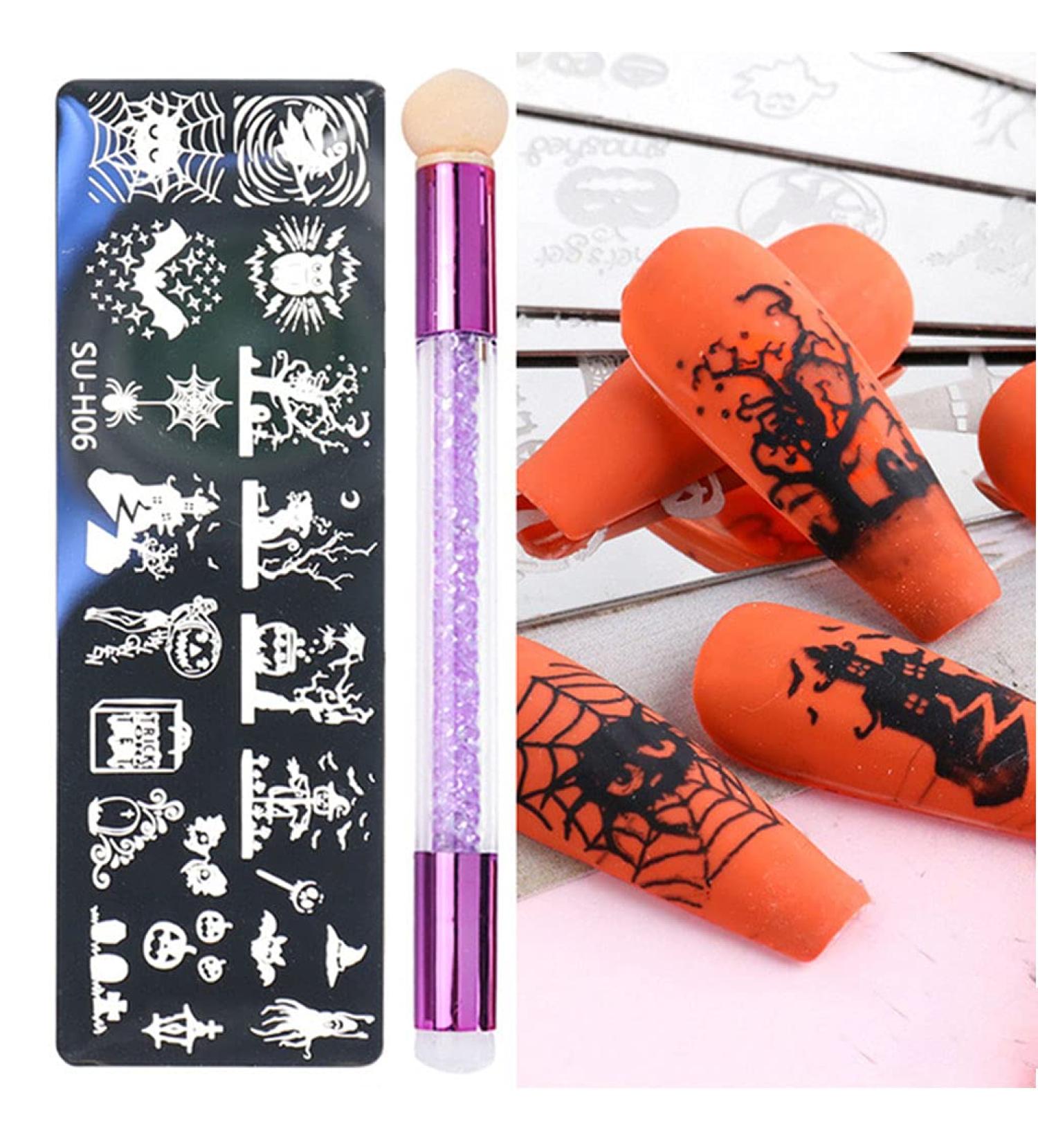 healthGUO Nail Art Stamping Plate Stamper Sponge Pen Halloween Pumpkin Bats Image Nail Polish Template Stamp Stencil Tools Kit 6 - Buy Online on SooperMarket.com