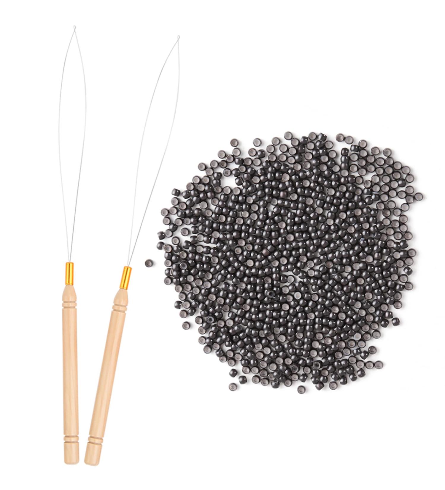 Vlasy Nano Beads Silicone Lined 3.0mm - 200PCS with Hair Extension Loop Needle Threaders - Dark Brown Set for Hair Extensions - Buy Online on SooperMarket.com