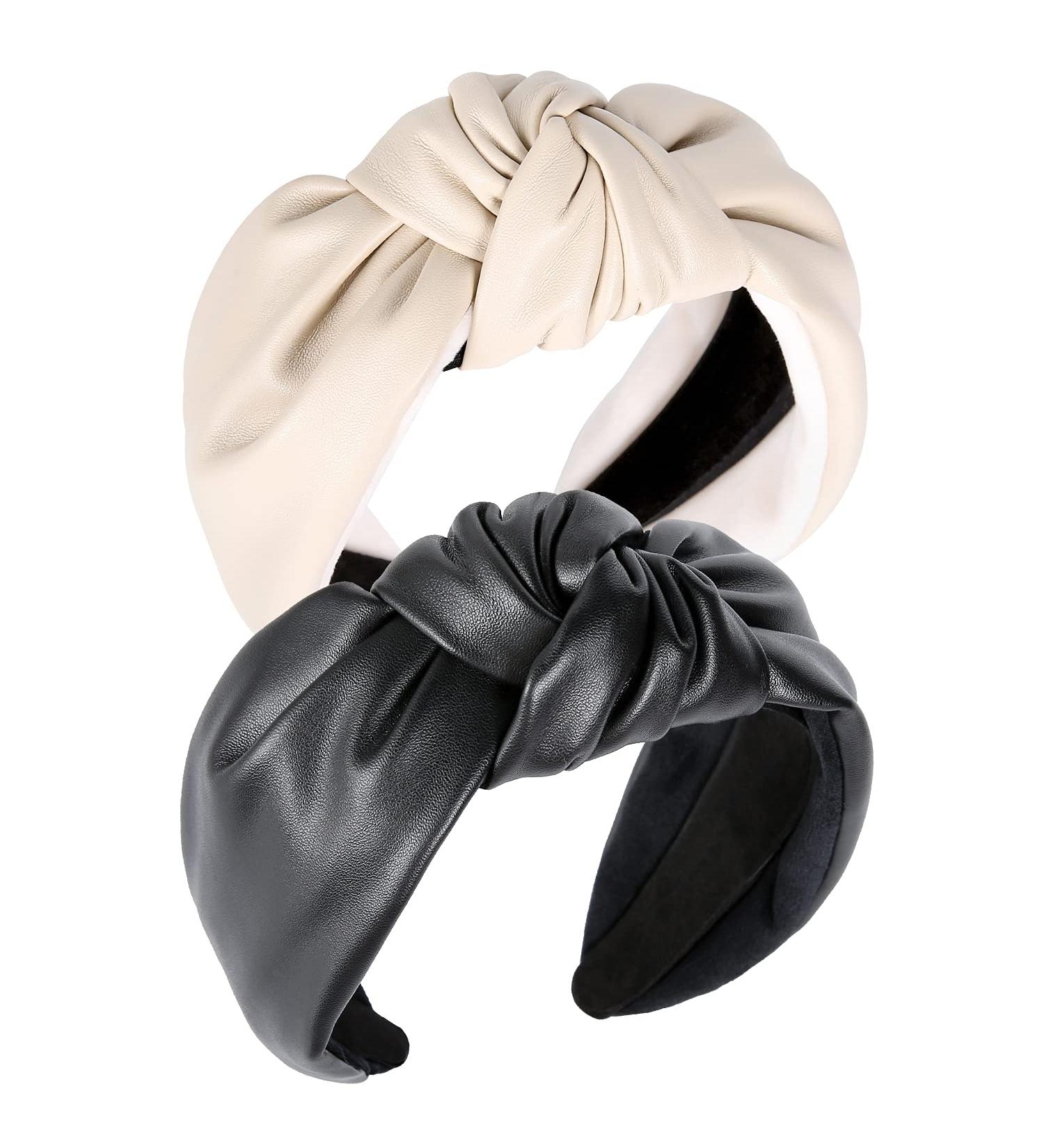 QIANXUAN Wide Cloth Headband Set for Women - 2Pcs Black Leather and Beige Top Knot Hair Bands - Buy Online on SooperMarket.com