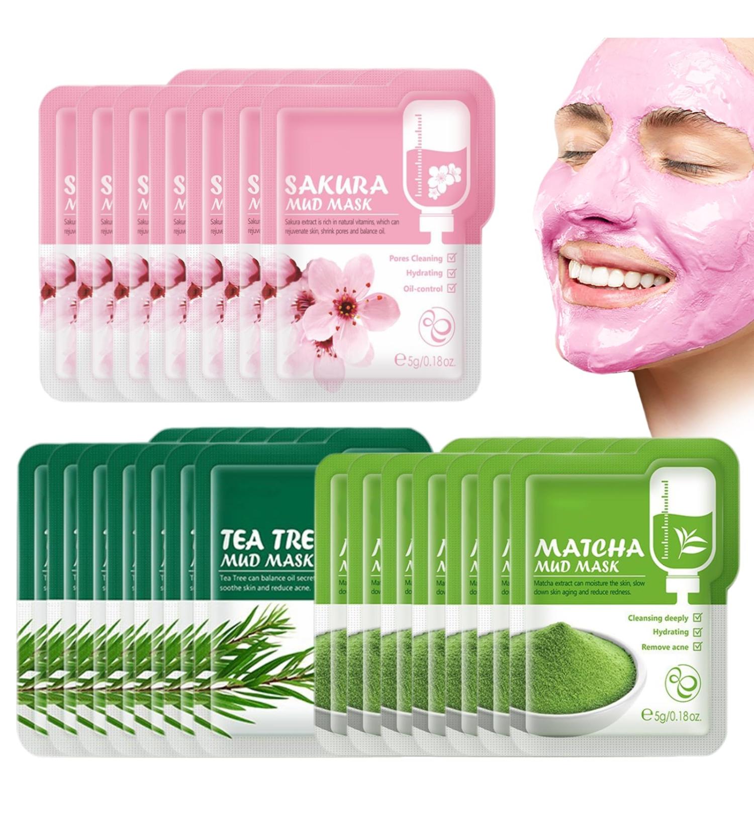 VEROA 21 Pieces Clay Mask - Natural Cherry Blossom/Tea Tree/Green Tea Face Mask - Deep Cleansing Anti Aging Brightening Hydrating Face Mask for All Skin Types Face Masks Skincare - 5g*21 - Buy Online on SooperMarket.com