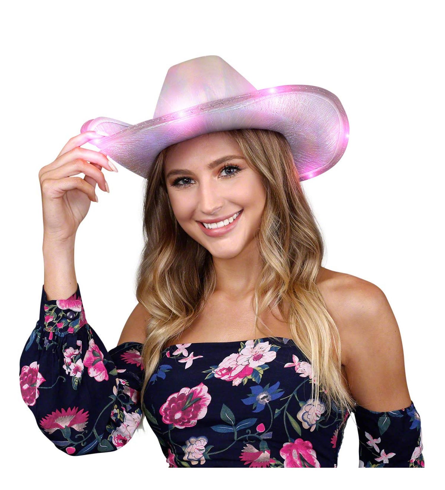 Light Up Iridescent Pink Space Cowgirl Hat with Pink LEDs - Buy Online on SooperMarket.com