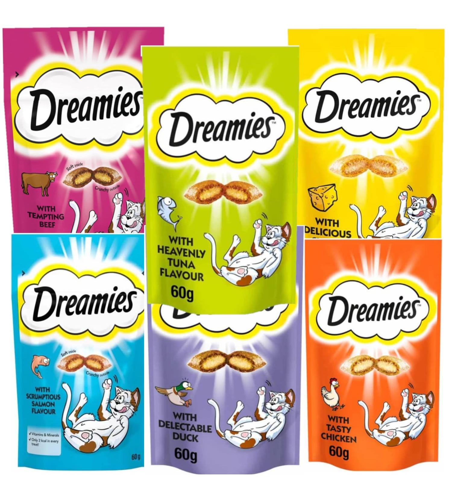 Pulla Dreamies Cat Treats Selection Box Chicken Cheese Salmon Beef Duck Turkey - 6 x 60g Bags - Buy Online on SooperMarket.com