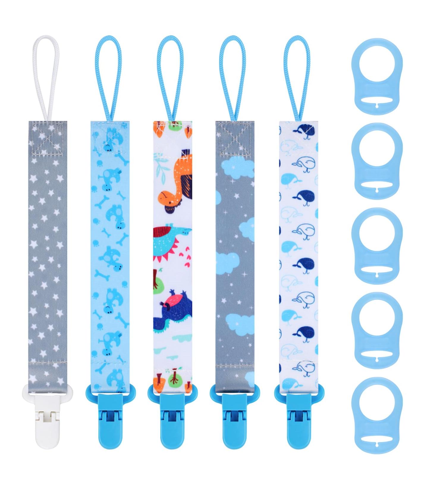 5 Pcs Blue Baby Dummy Clips Set with Silicone Adapter - Soother Chain Holder Straps for Boys | Teething Clips for Teething Toys | Baby Shower Gift - PP Material - Buy Online on SooperMarket.com
