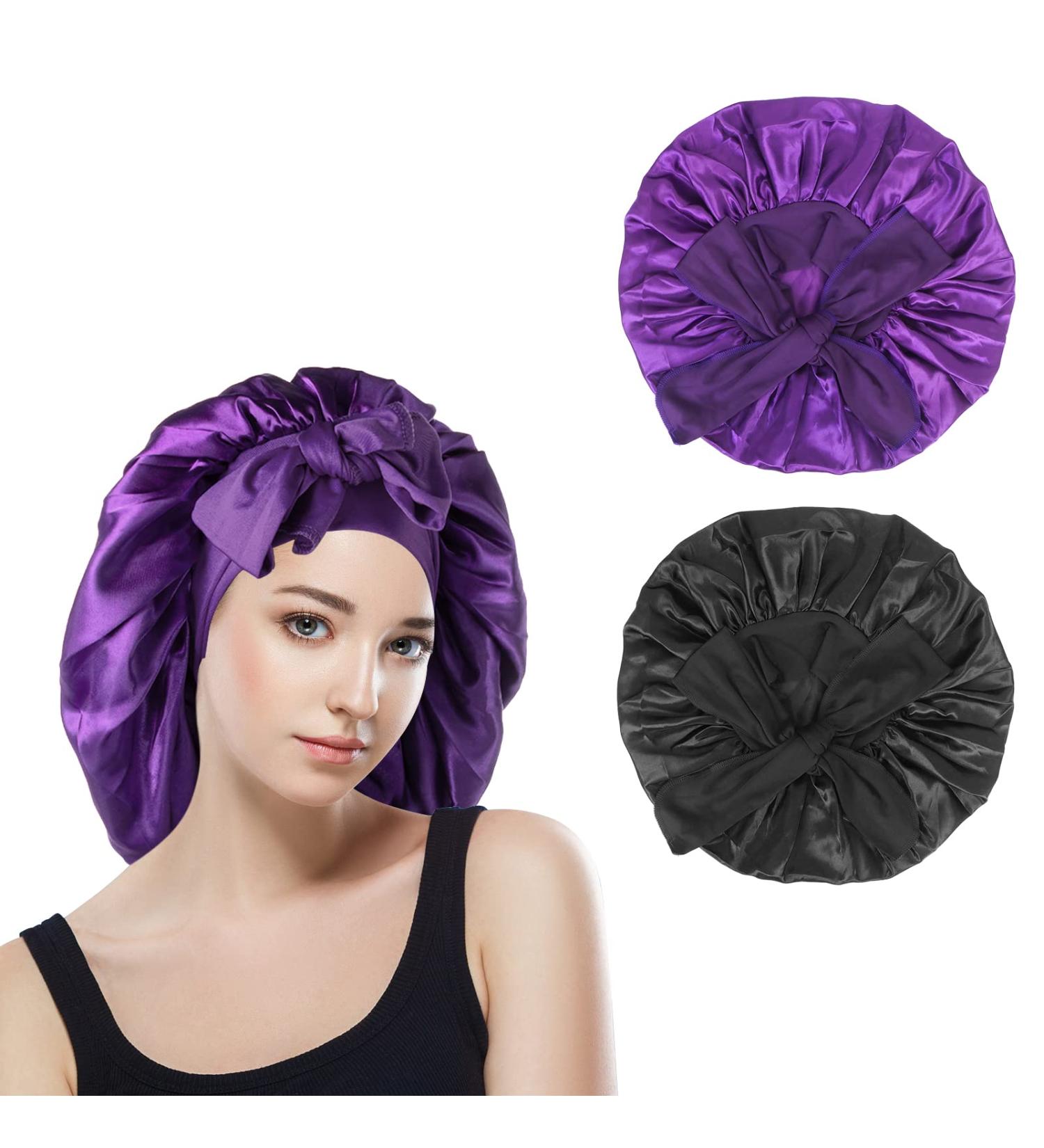 Classycoo 2PCS Large Satin Sleep Bonnet Set - Adjustable Silk Bonnet for Women and Men | Black + Purple - Buy Online on SooperMarket.com