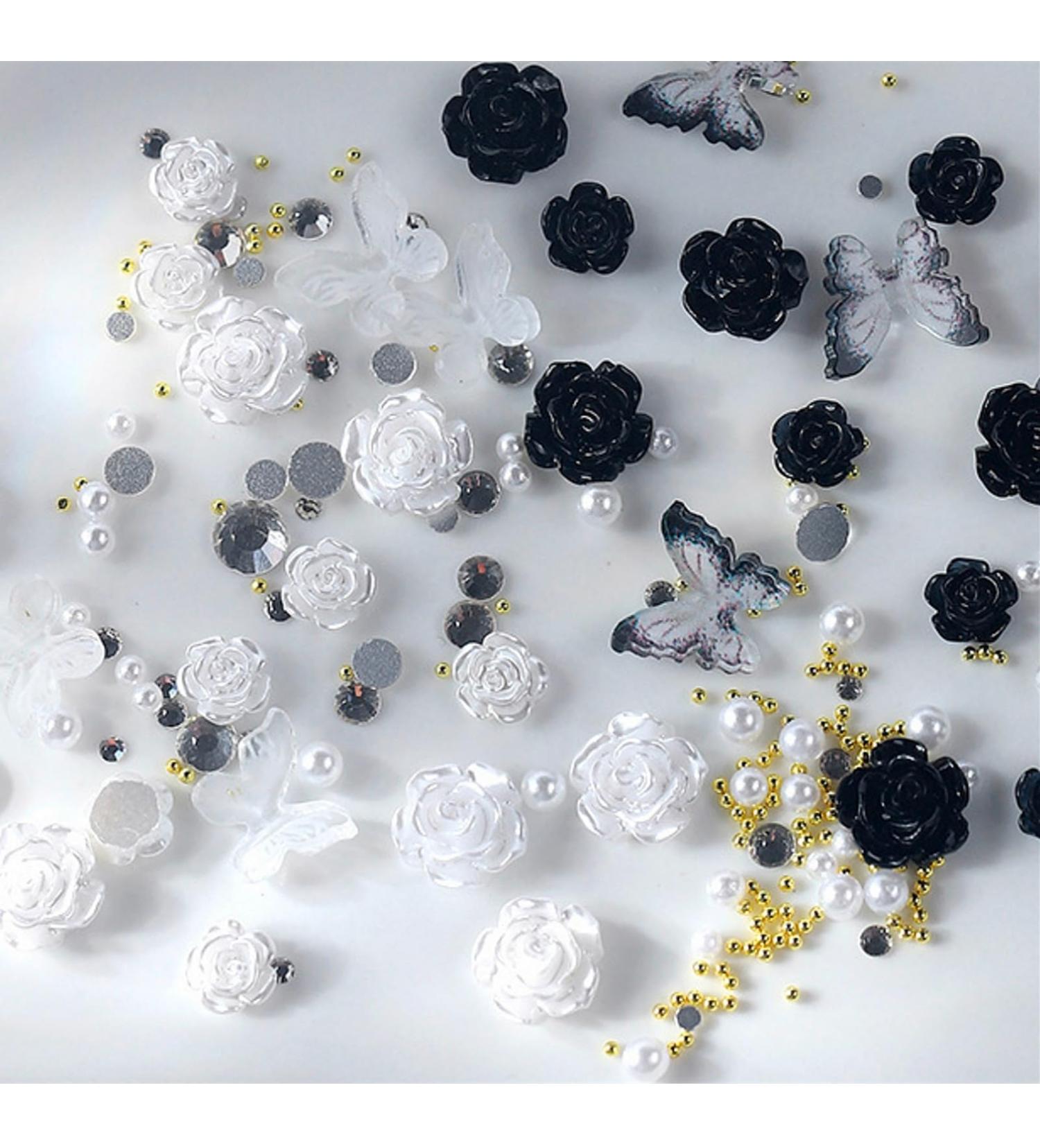 3D Flower Nail Charms 200 Pcs White Black Clear Acrylic Camellia Nail Art Charms Rose Butterfly Nail Rhinestones Gems Jewelry with Mini Caviar Beads Pearls (White+Black+Clear) - Buy Online on SooperMarket.com