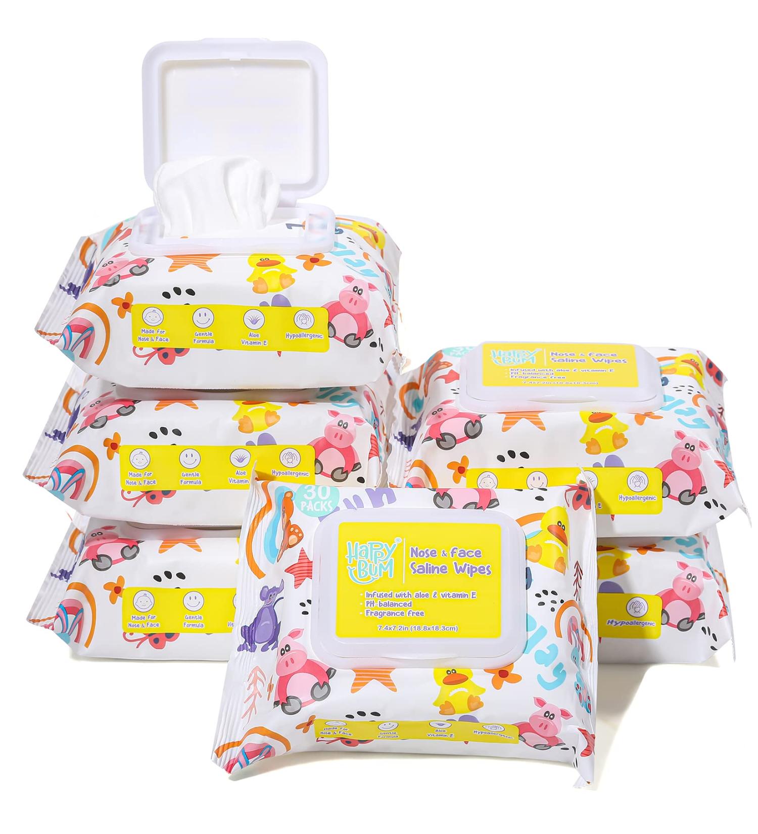 Baby Wipes - HAPPY BUM Saline Baby Wipes  Hypoallergenic  Unscented  180 Count (6 Packs of 30 Wipes) Saline Nose and Face Wipes - Buy Online on SooperMarket.com
