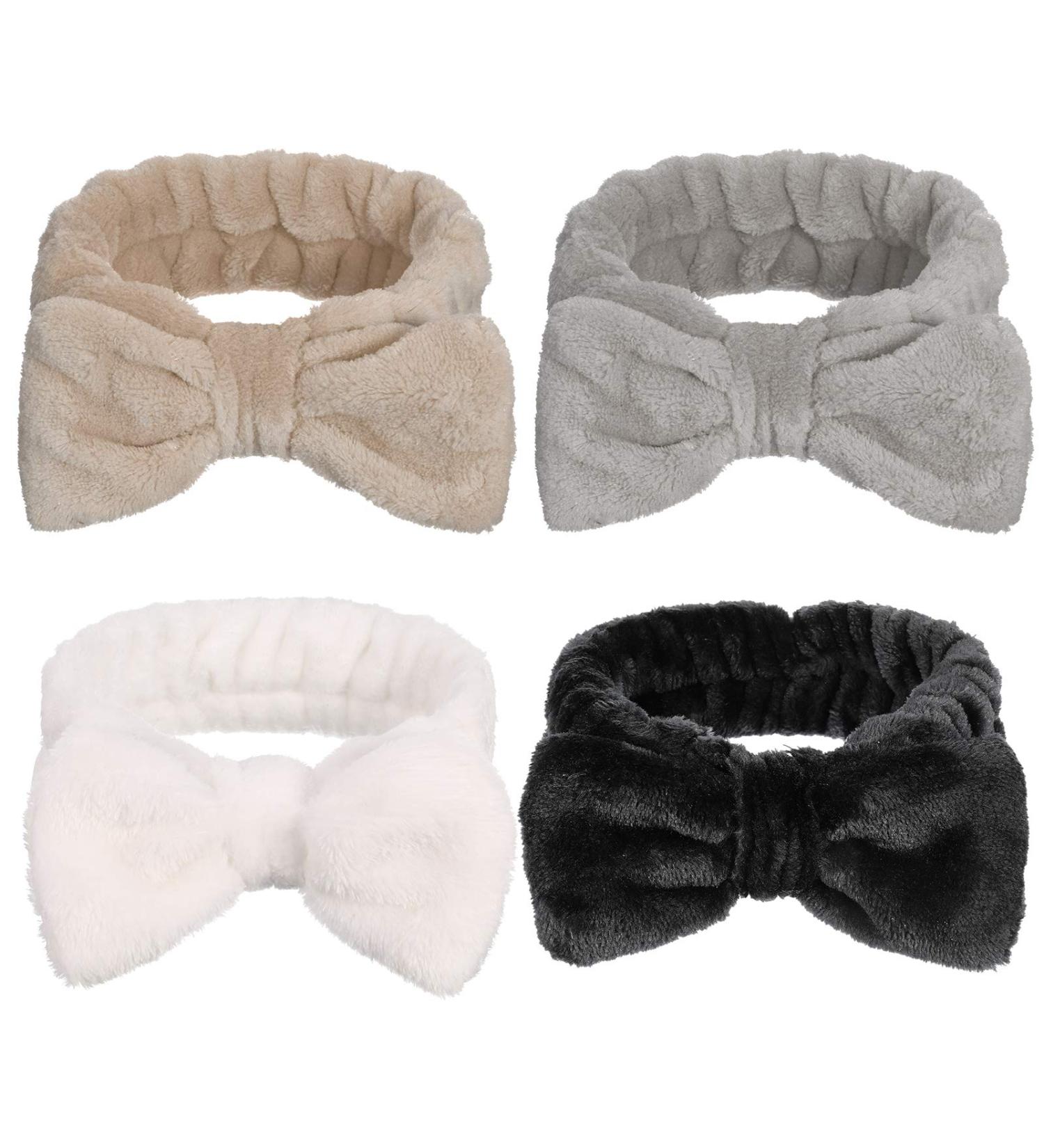 GOTH Perhk 4 Pack Spa Bowknot Hair Bands Coral Fleece Makeup Headband Elastic Head Wrap for Washing Face Shower Yoga Sports Skincare(Black White Gray Khaki) - Buy Online on SooperMarket.com