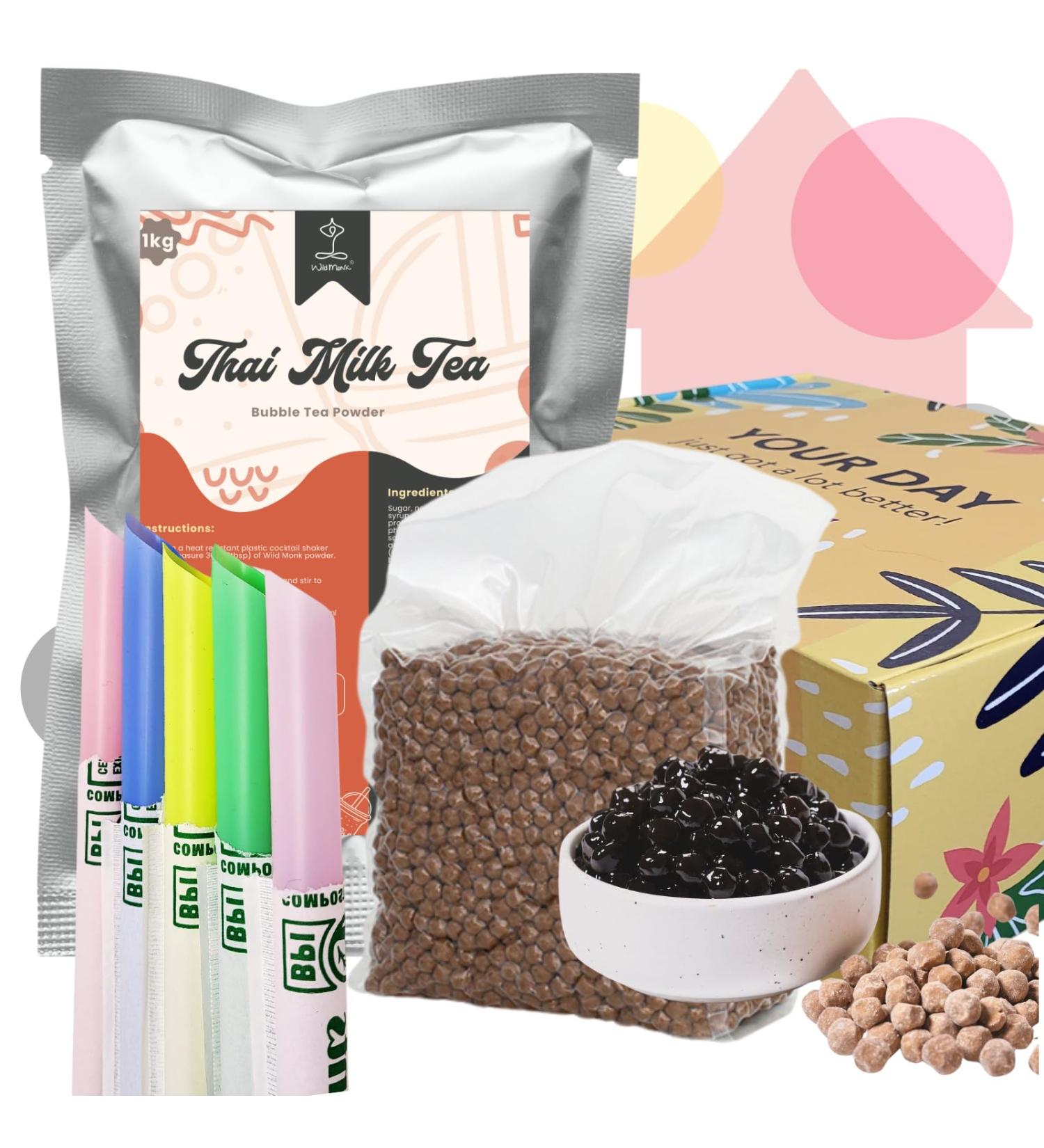 Wild Monk Boba Tea Kit - Bubble Tea Set for Boba Tea at Home - Set Contains Thai Milk Tea Powder 1kg Tapioca Pearls and Colouful Compostable Straws
