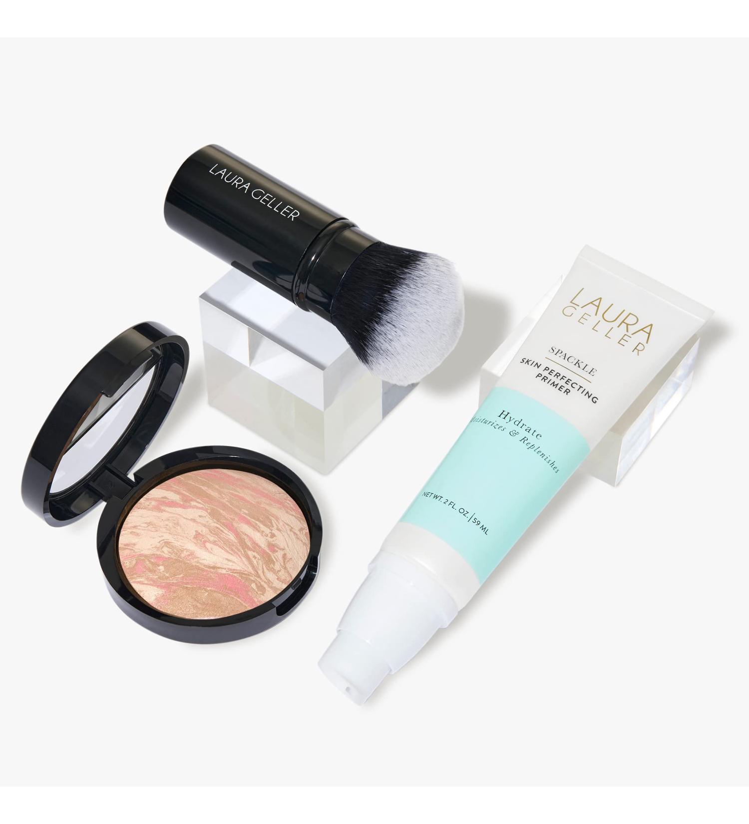 LAURA GELLER NEW YORK Face the Day Kit - Balance-n-Brighten Foundation Porcelain + Spackle Skin Perfecting Primer Hydrate + Kabuki Brush - Buy Online on SooperMarket.com