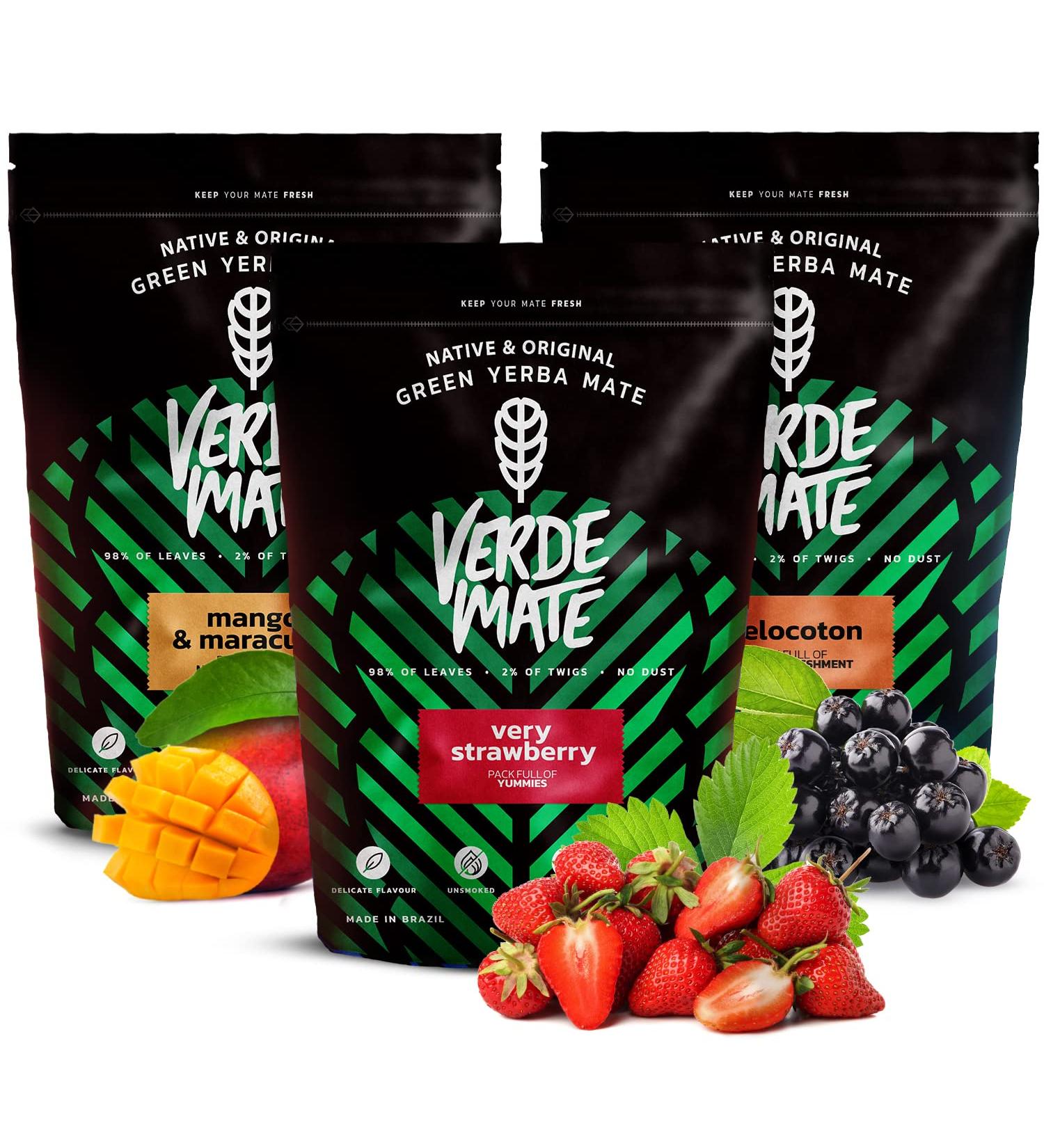 Verde Mate Fruity Yerba Mate Set | Green Mango & Maracuya Melocoton Very Strawberry | Brazilian Yerba Mate Green | Natural Caffeine | 3x500g - Buy Online on SooperMarket.com