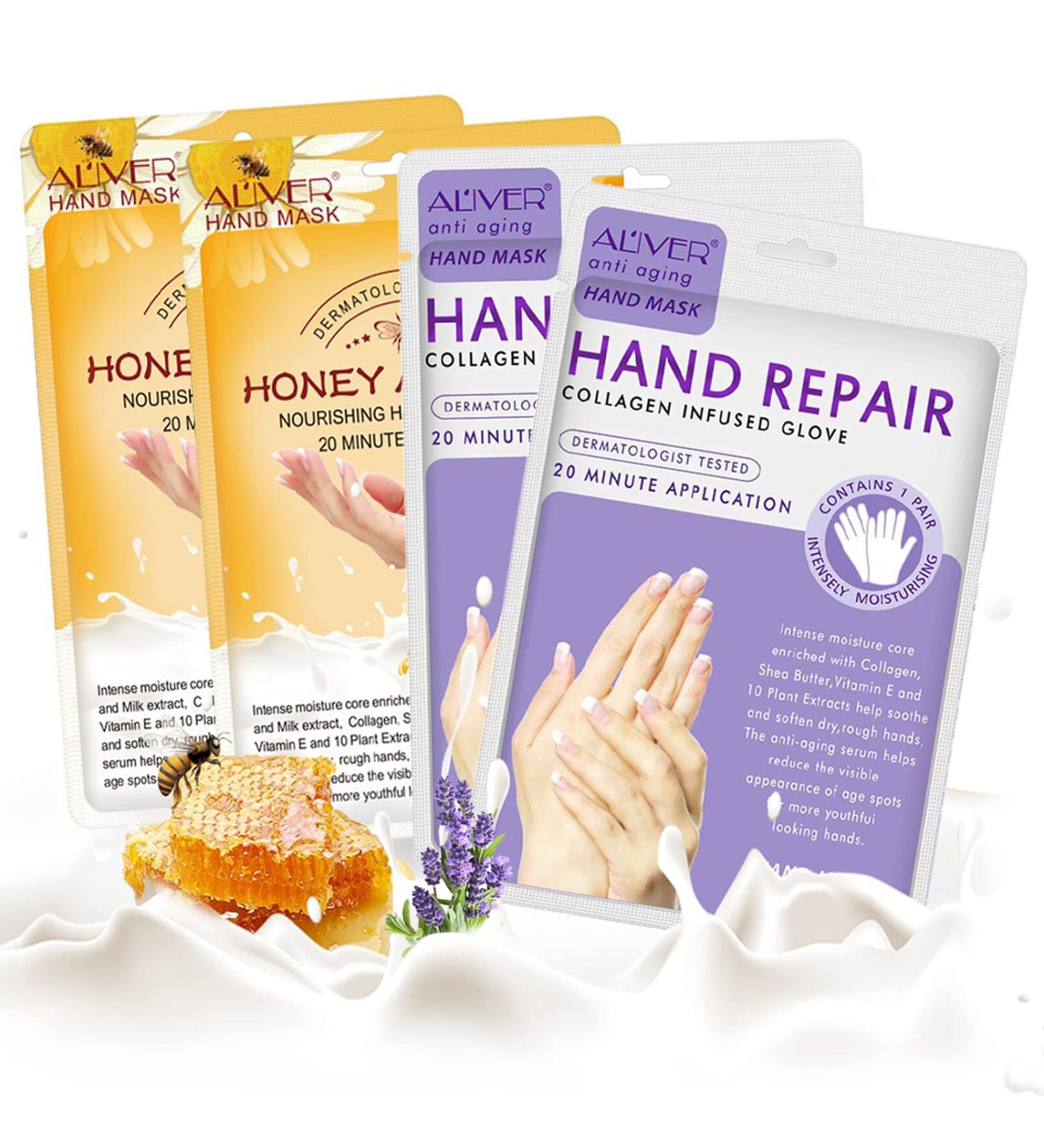 CCKULOOB Hand Mask 4 Pairs Moisturizing Hand Mask Hand Skin Repair Renew Mask that Enriched with Collagen Shea Butter and Vitamin-E to Revive Dry Rough and Cracked Skin (2 Lavender +2 Honey) 4 Packs 2 Pairs Lavender+ 2 Pairs Milk Honey - Buy Online on SooperMarket.com