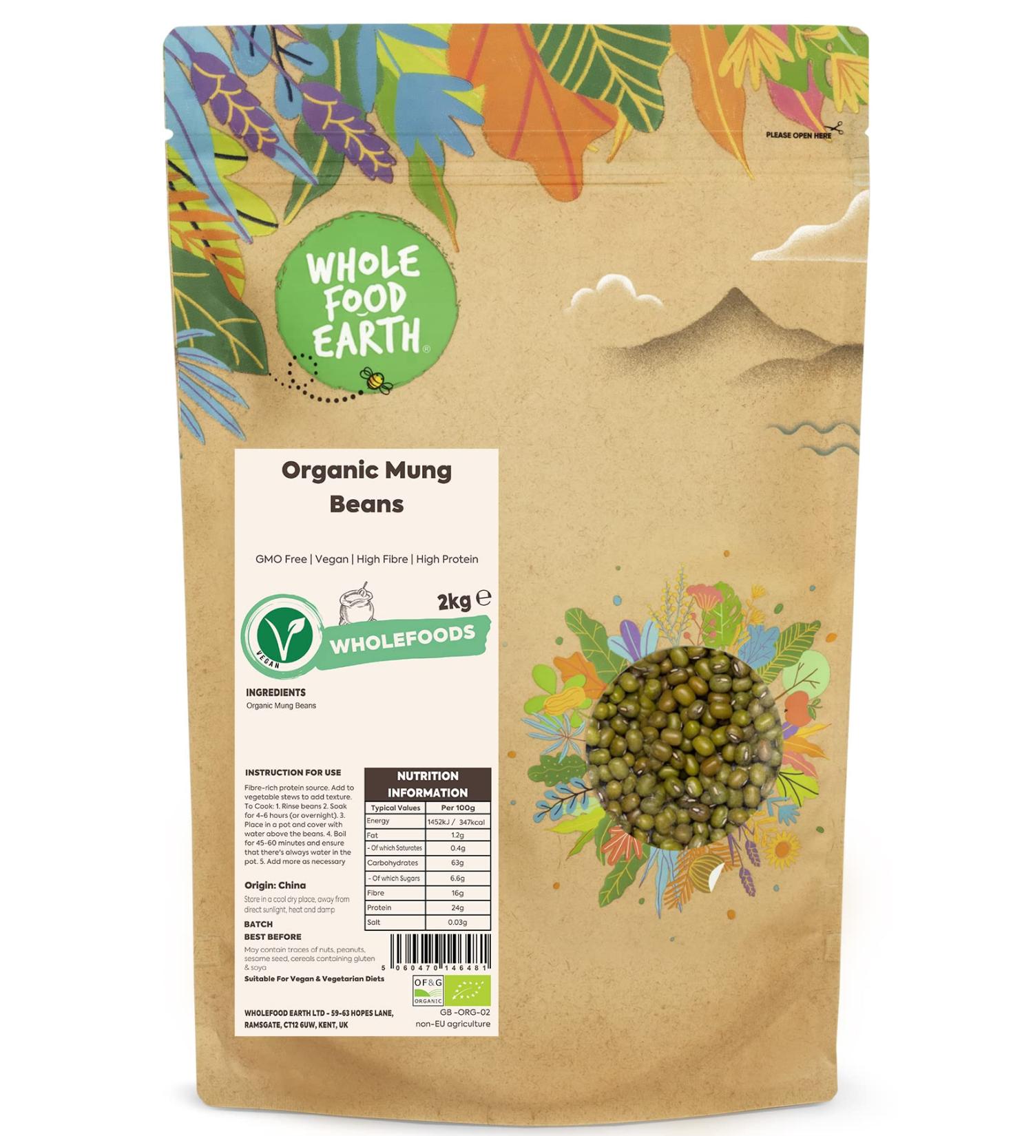 Organic Mung Beans 2kg - GMO Free, Vegan, High Fibre & Protein | Certified Organic | Wholefood Earth - Buy Online on SooperMarket.com