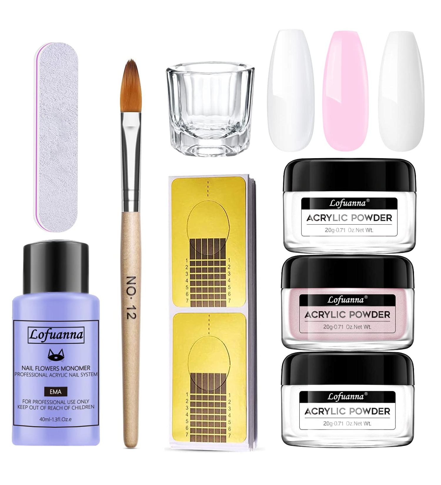 Lofuanna Acrylic Powder and Liquid Set Professional Acrylic Nail Kit with 3 Colors 20g Acrylic Powder 40ml Acrylic Liquid Monomer Nail Brush Nail Forms for Nail Extension Nail File Nail Art Kit (01) set-4 - Buy Online on SooperMarket.com