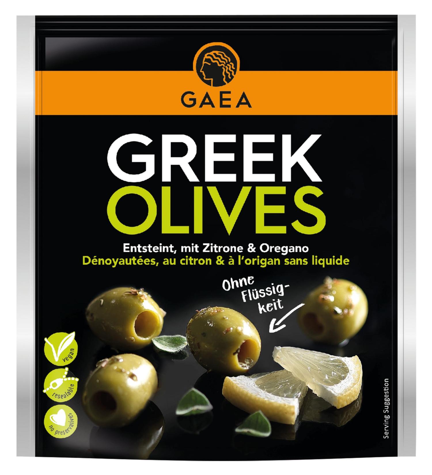 Gaea green olives without stone with lemon and oregano |8 x 150g |Marinated & aromatic |Ideal as a snack and for salads green lemon & oregano without stone