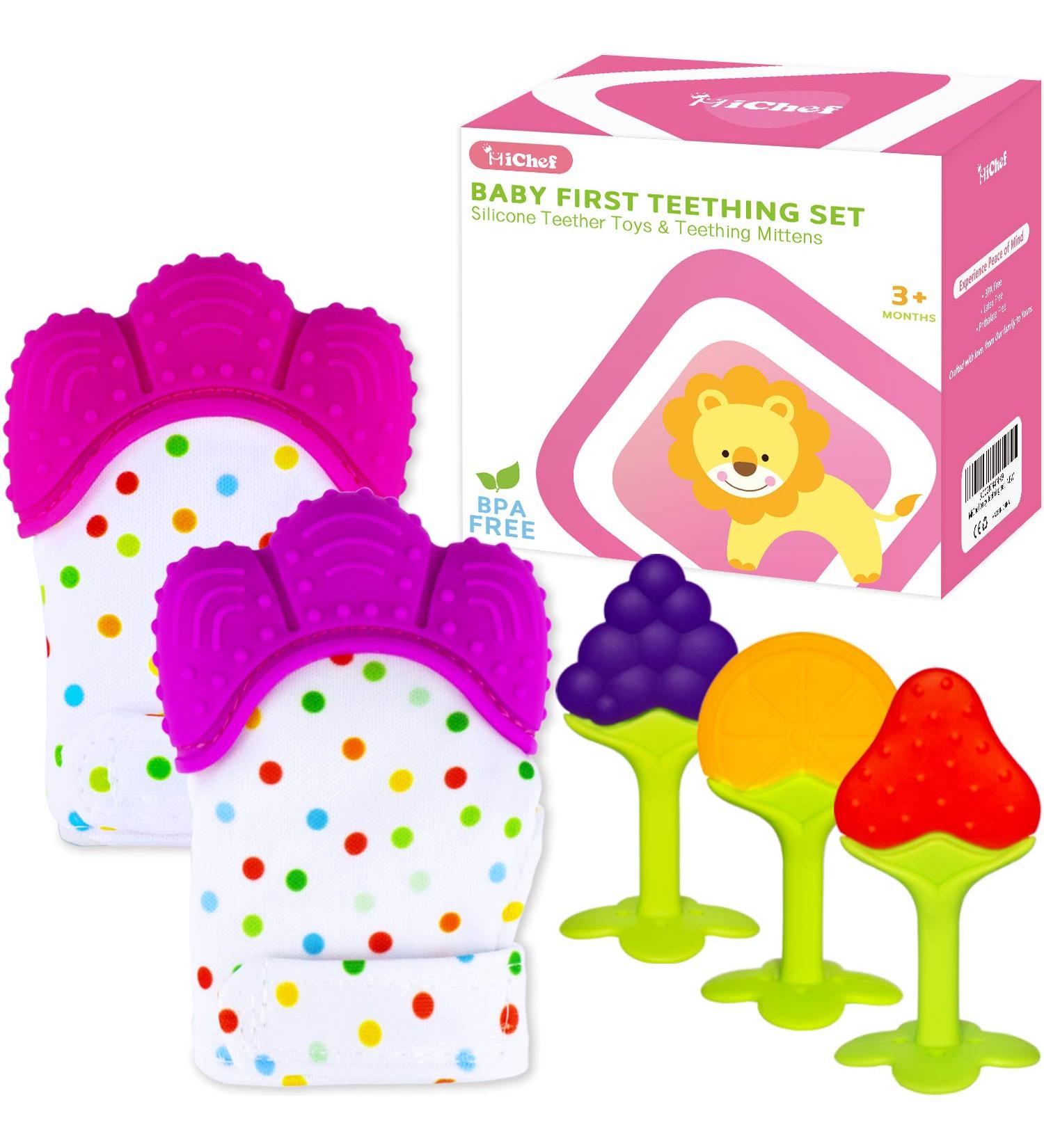 Teething Mittens and Baby Teething Toys Bundle - 5 Pack Set for Babies - BPA-Free, Organic, Freezer Safe - Pink + Purple - Buy Online on SooperMarket.com