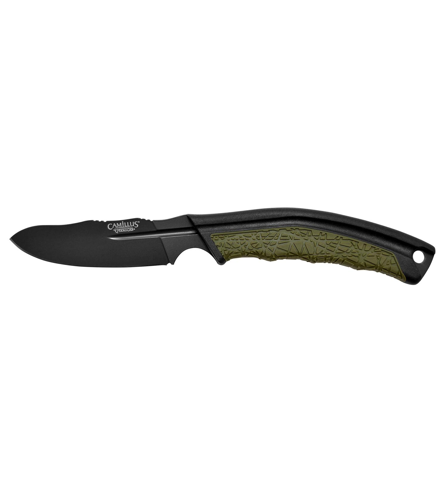 Camillus 19286 BT-8.5 Hunting Knife - 8.9 cm Aus-8 Steel Blade with Ballistic Nylon Sheath - Black/Green GfN/TPE Handle - Ideal for Outdoor Adventures - Buy Online on SooperMarket.com