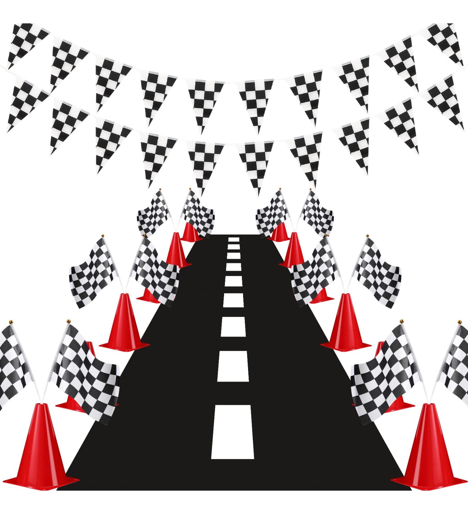 Skylety Traffic Cones and Racing Checkered Flags Set - 12 Cones, 12 Flags, Banner, and Racetrack Mat - Buy Online on SooperMarket.com