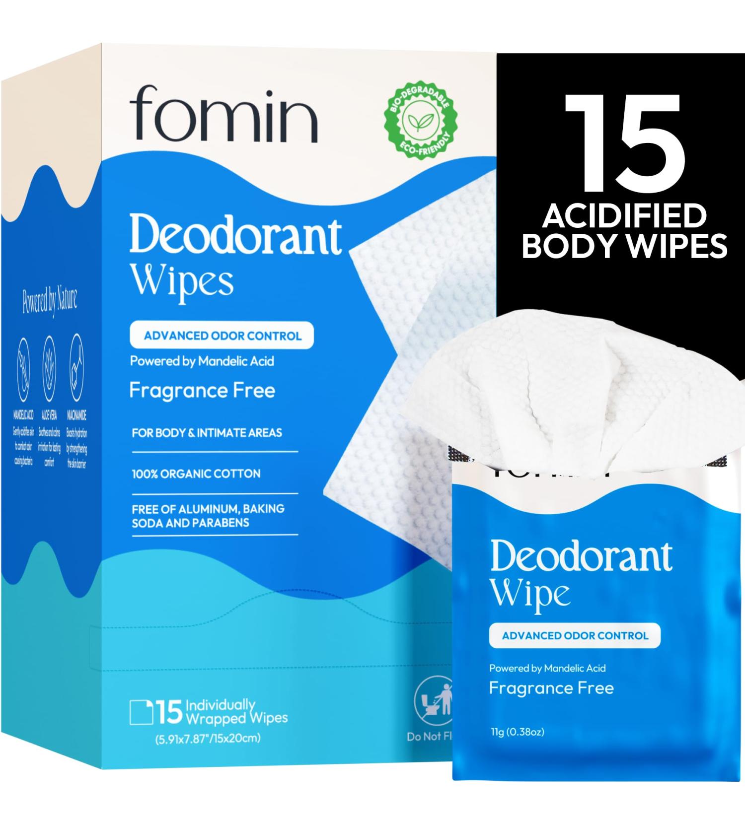 FOMIN Acidified Travel Deodorant Wipes For Women & Men - 15 Count - Fragrance Free - pH Balanced Mini Deodorant Travel Size Wipes - Plastic-Free Individually Wrapped Underarm Body Wipes Fragrance Free 15 Count (Pack of 1) - Buy Online on SooperMarket.com