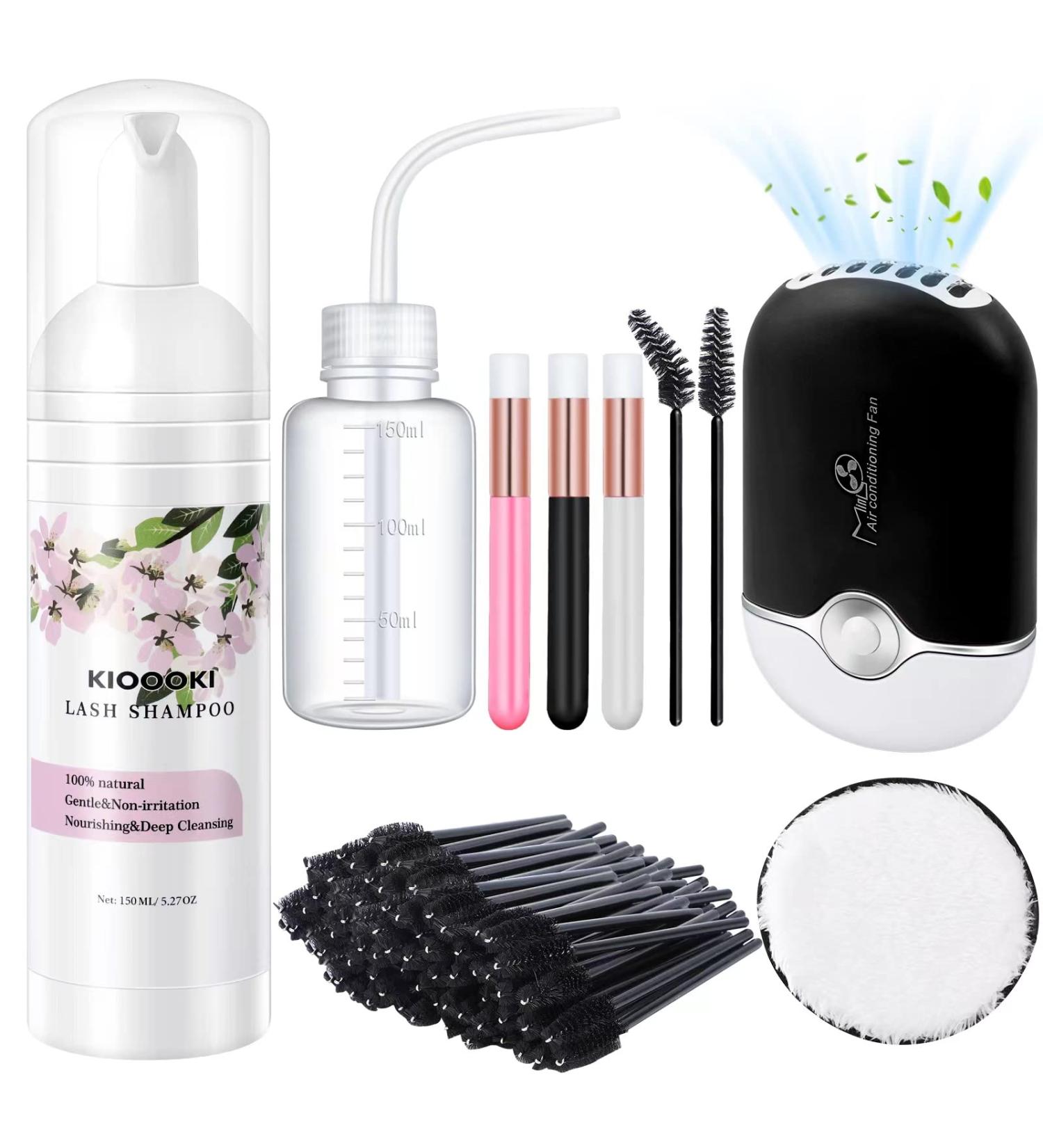 150ml Eyelash Extension Cleanser Kit | Kioooki Lash Shampoo with USB Mini Fan Brush & Makeup Remover Pad - Portable & Efficient Care for Lash Extensions - Buy Online on SooperMarket.com