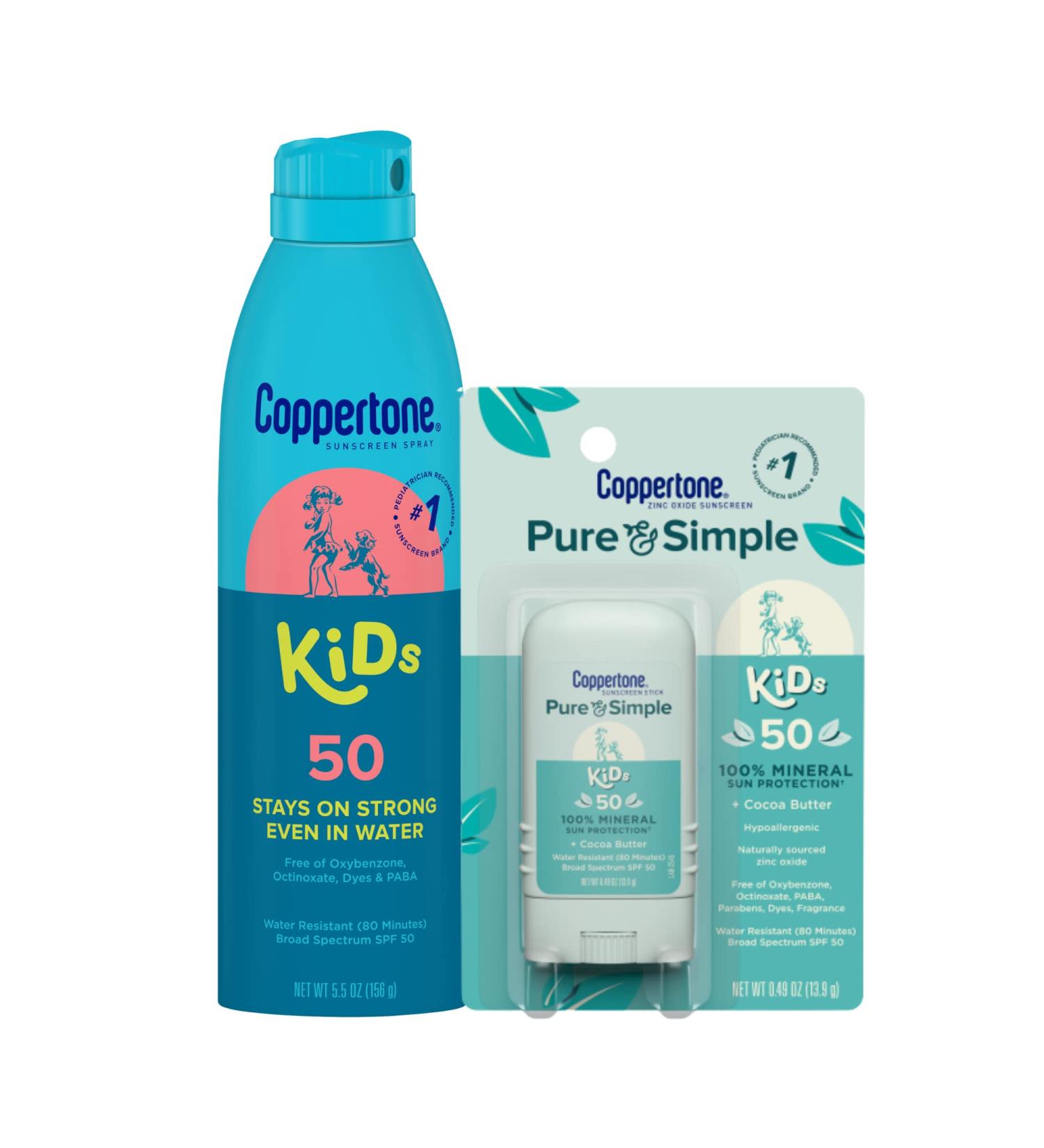 Coppertone Kids Sunscreen Spray SPF 50 + Stick SPF 50 Bundle | Zinc Oxide Mineral Formula | Pediatrician Recommended | 5.5 Oz Spray + 0.49 Oz Stick - Buy Online on SooperMarket.com
