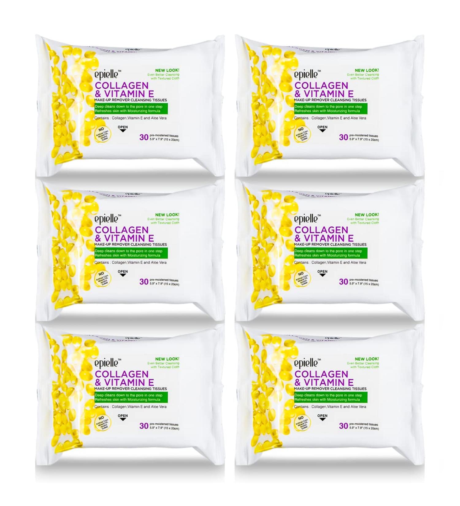 Epielle Collagen Makeup Remover Wipes - 30 Count x 6 Pack | Gentle Daily Facial Cleansing Towelettes for All Skin Types | Removes Dirt, Oil, Makeup - Buy Online on SooperMarket.com