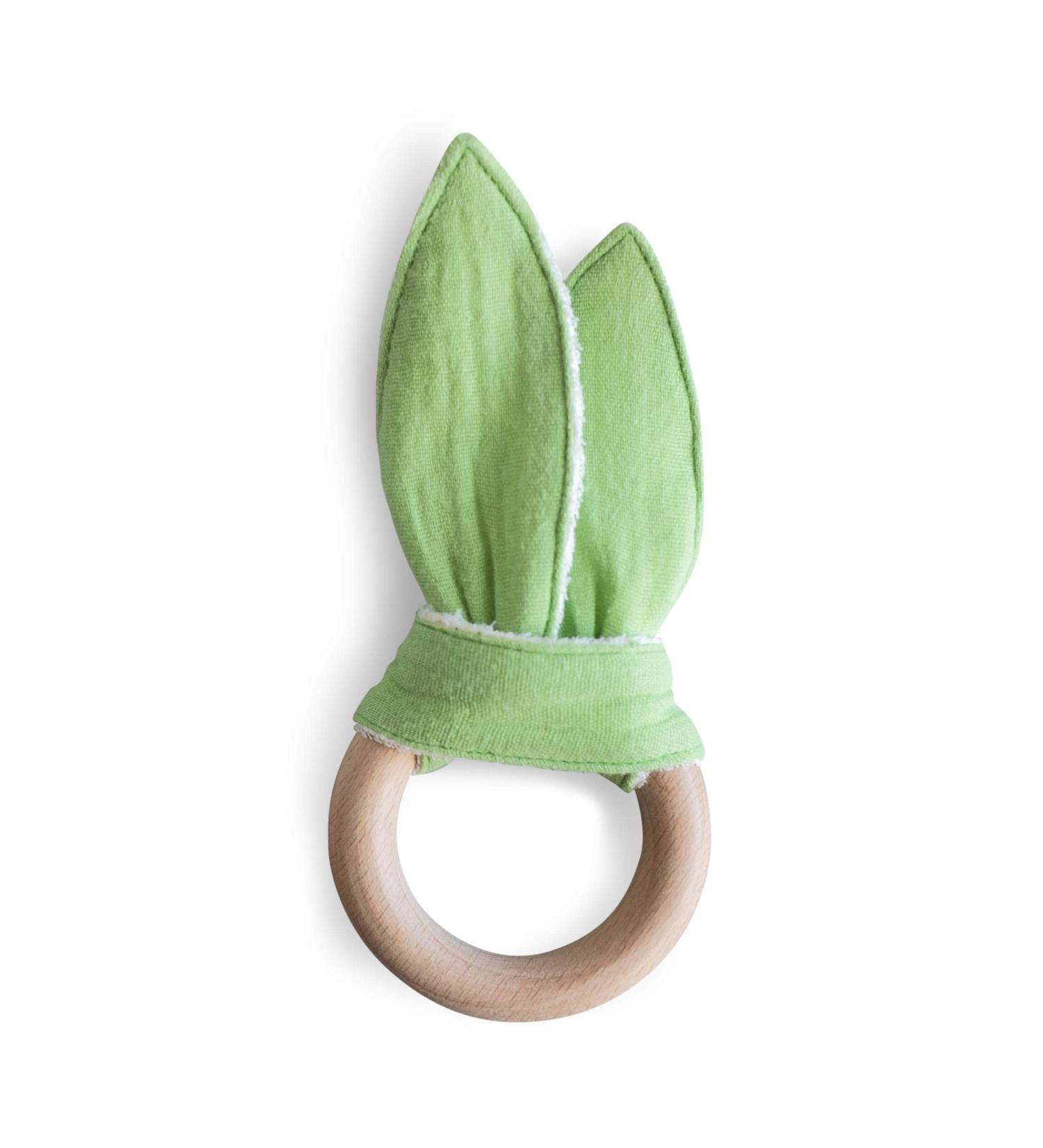 Organic Muslin Bunny Ears Baby Teether with Crinkle Paper and Wooden Teething Ring - Mint Green | Gender Neutral Newborn Teething Toy - Buy Online on SooperMarket.com