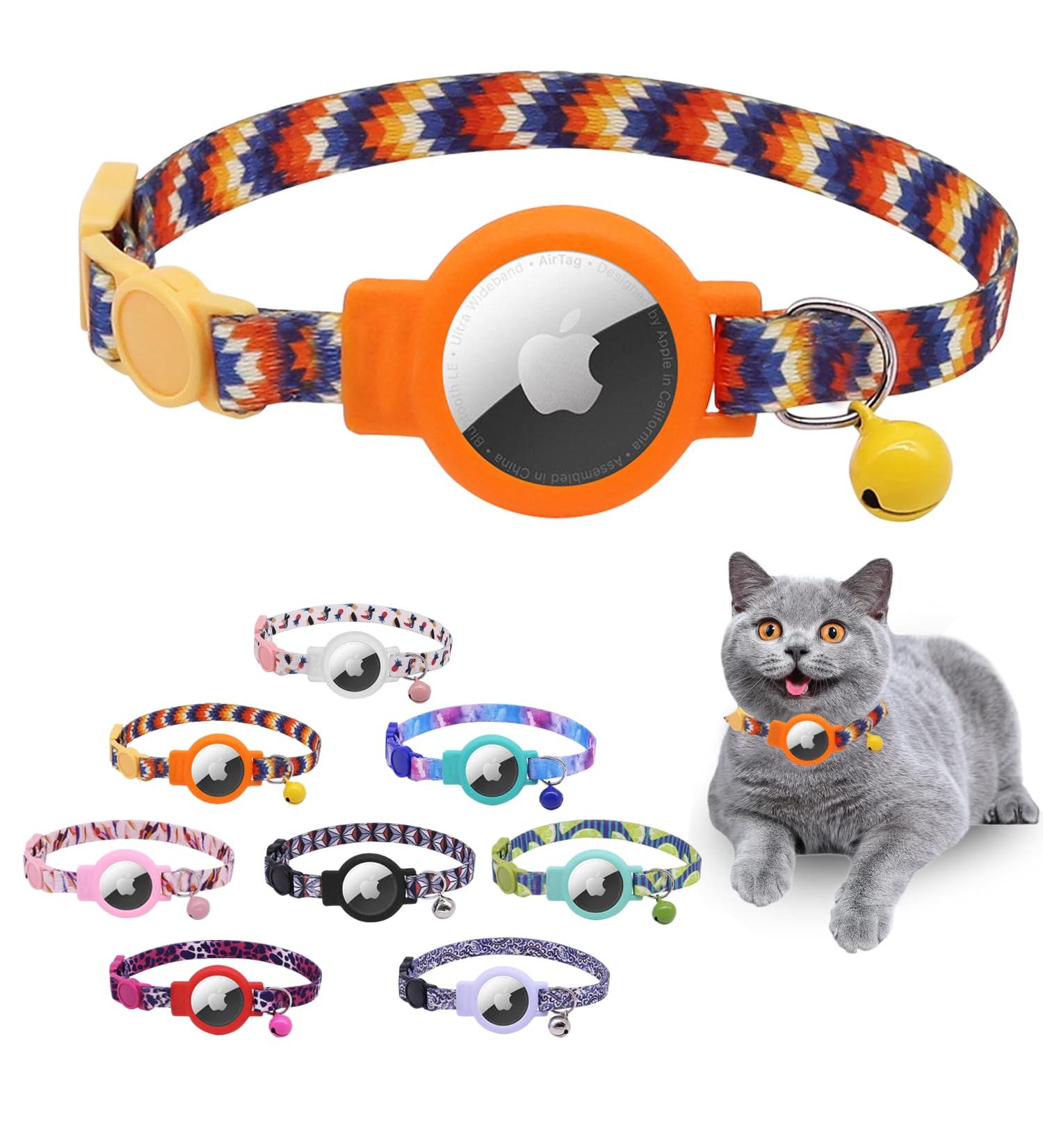 Mouyou Airtag Cat Neck Band | Adjustable Soft Nylon Collar with Bell & Safety Clasp | Orange Gradient Pattern | Fits 22-34cm - Buy Online on SooperMarket.com