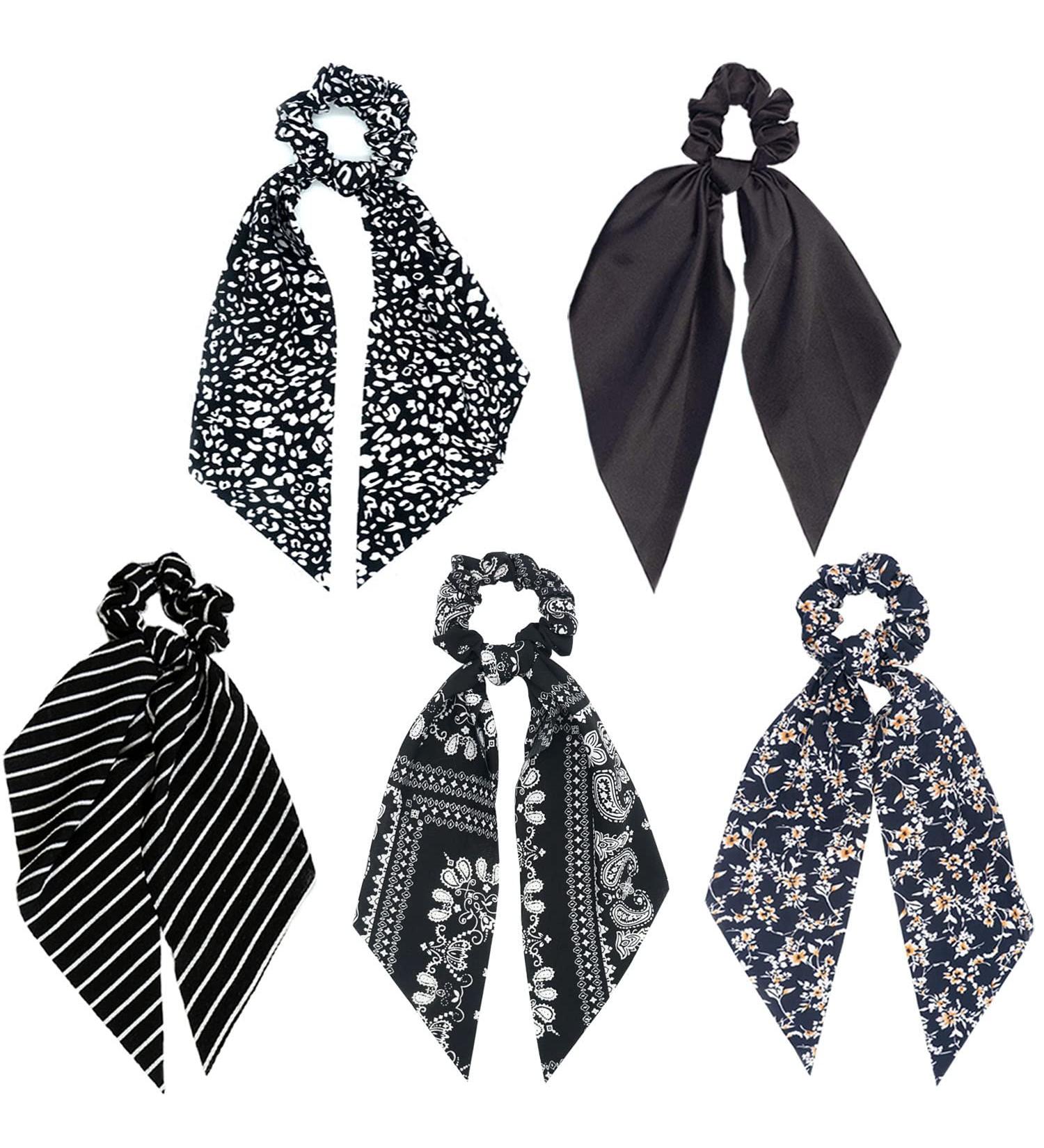 Black Floral/Striped Scarf Scrunchie Set - 5pcs Chiffon/Silk Hair Ties for Women - Buy Online on SooperMarket.com