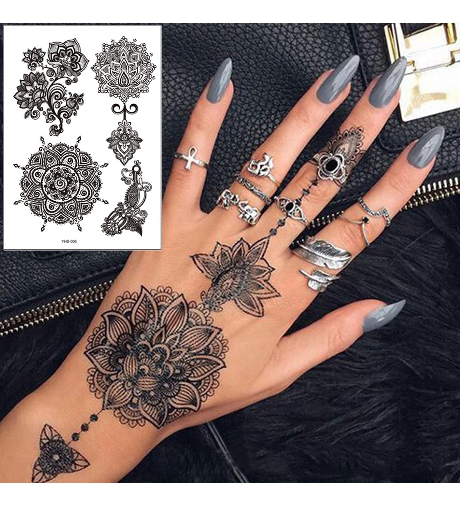 Black Henna Temporary Tattoos Set - Sexy Lace, Indian Mandala, Elephant, Flower Chain Designs - Waterproof Body, Arm, Face Decals for Wedding Party - 6 Sheets - Buy Online on SooperMarket.com