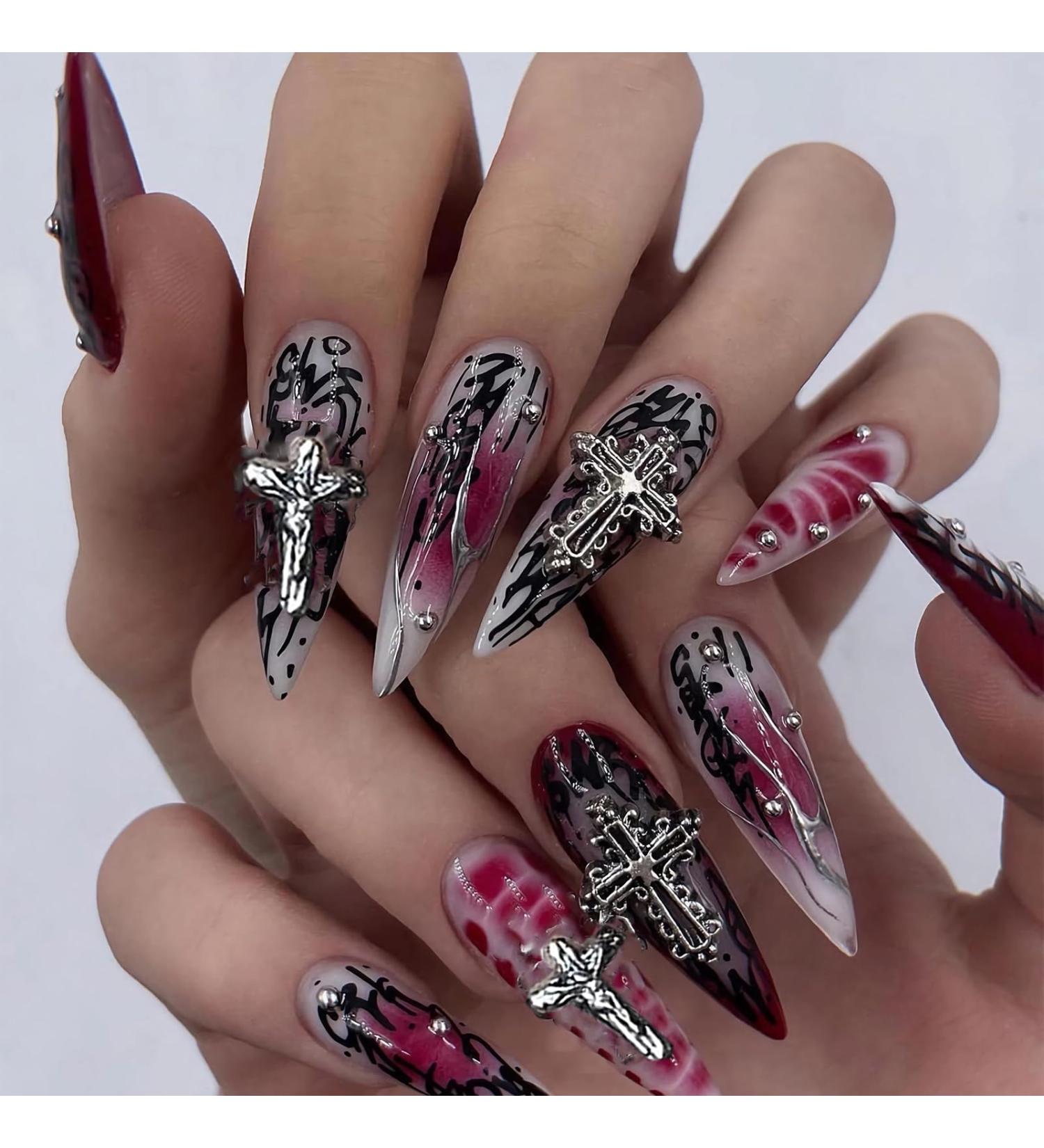 MISUD Long Stiletto Press on Nails - Gothic Red Black Ombre Acrylic Fake Nails - 24 Pcs Glossy Chrome Swirl Design - International Shipping Available - Buy Online on SooperMarket.com