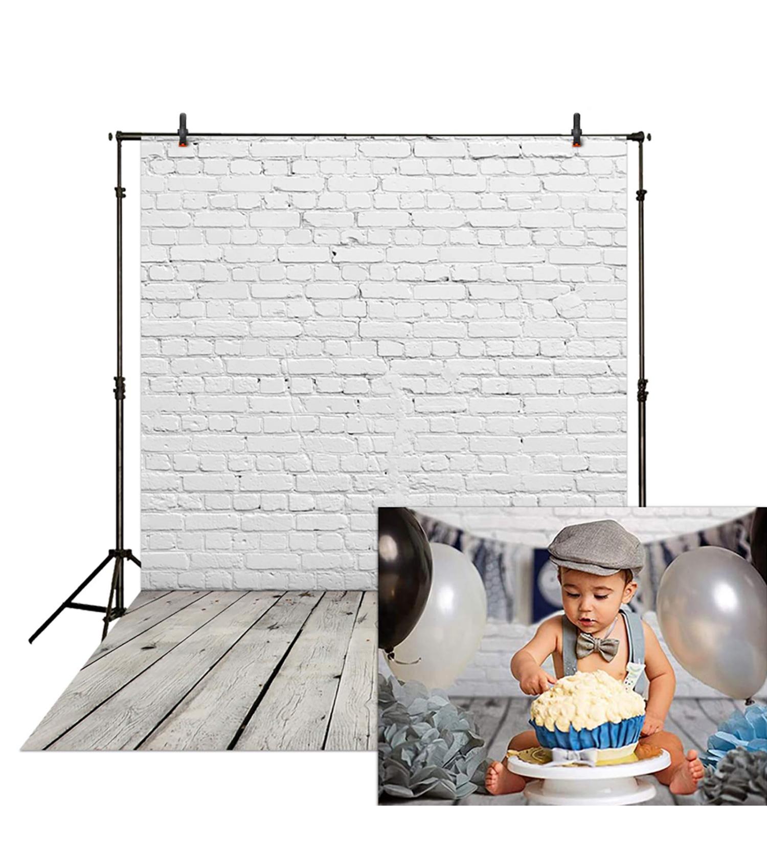 5x7FT White Brick Wall with Wooden Floor Photography Backdrop for Newborn Photoshoot - Buy Online on SooperMarket.com
