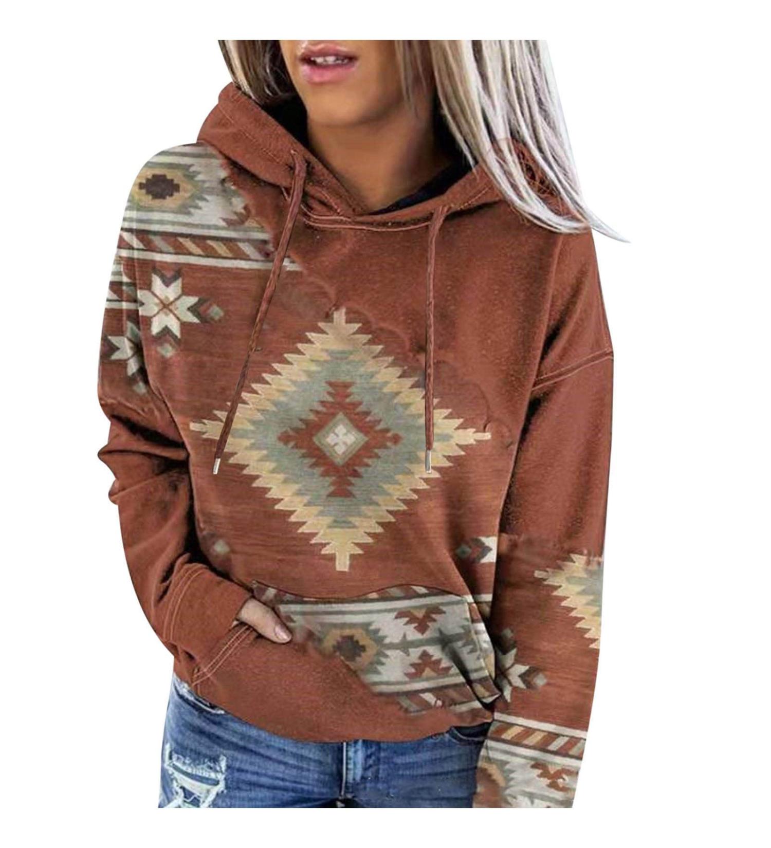 Women's Western Aztec Geometric Hoodie Sweatshirt - Coffee, 3X-Large - Buy Online on SooperMarket.com