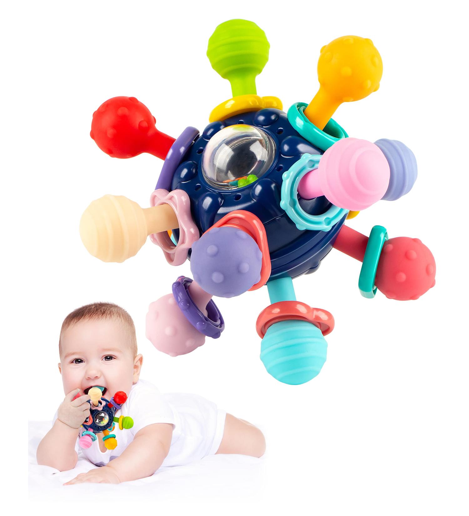 Vanmor Baby Teether Toy | Sensory Chew Teething Ball Rattle | Montessori Grasping Activity | 0-6 Months | Blue - Buy Online on SooperMarket.com