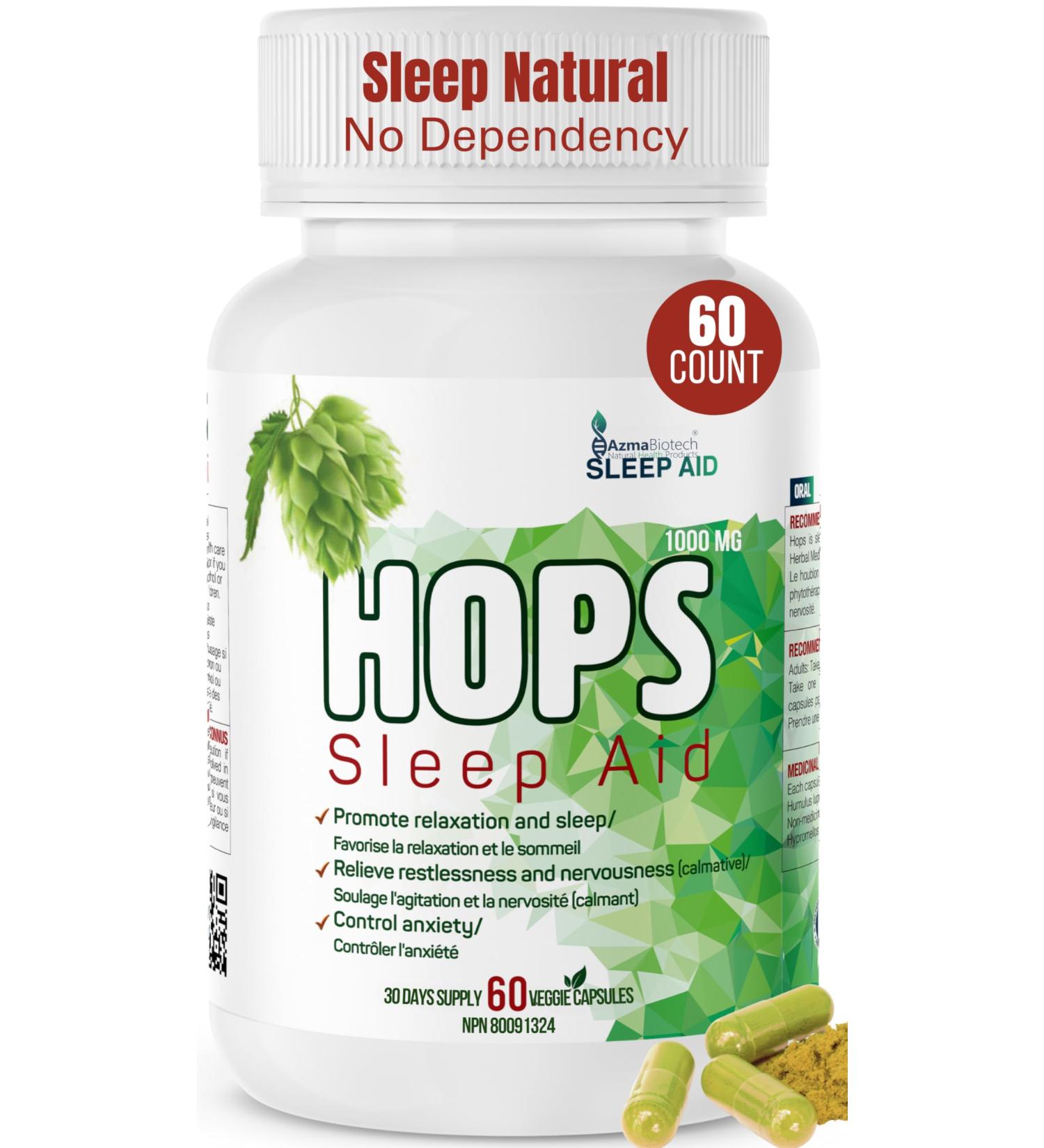 AzmaBiotech Hops Sleep Aid for Adults 1000mg 60 Vegan Capsules Natural Sleep Supplement to Promote Relaxation & Restful Sleep Non-GMO Gluten-Free 30-Day Supply Made in Canada - Buy Online on SooperMarket.com