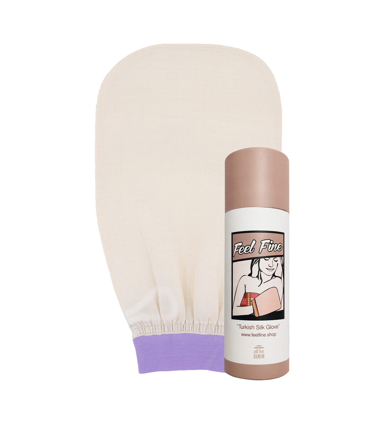 Buy Turkish 100% Raw Cocoon Silk Exfoliating Glove - Body & Face Scrub Fake Tan Remover | Feel Fine (Cream & Lilac) - International Shipping Available - Buy Online on SooperMarket.com
