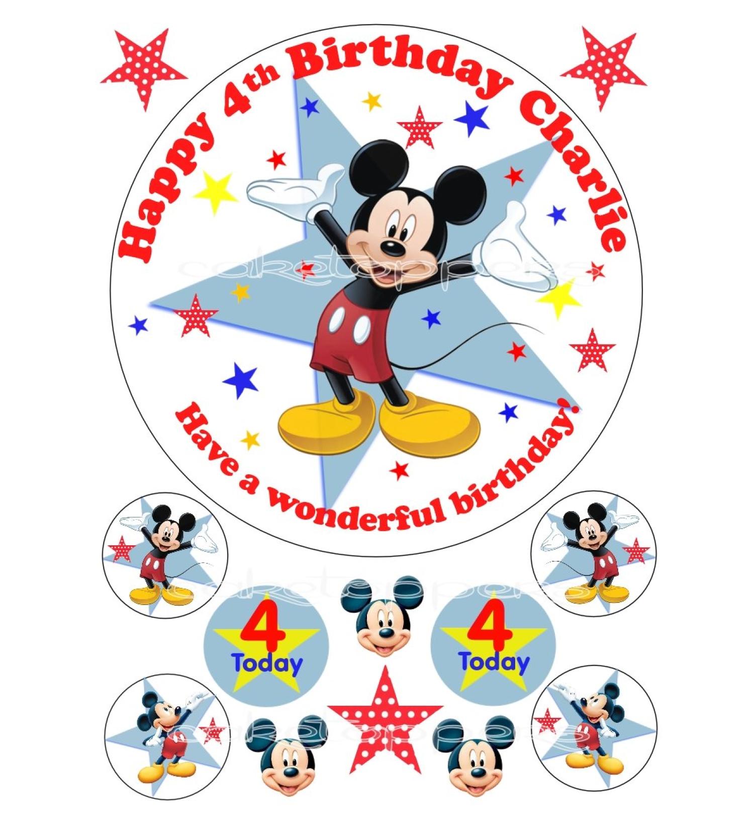 Edible Disney Mickey Mouse 7.5" Icing Personalised Cake Topper & 6 Cupcake Toppers Uncut