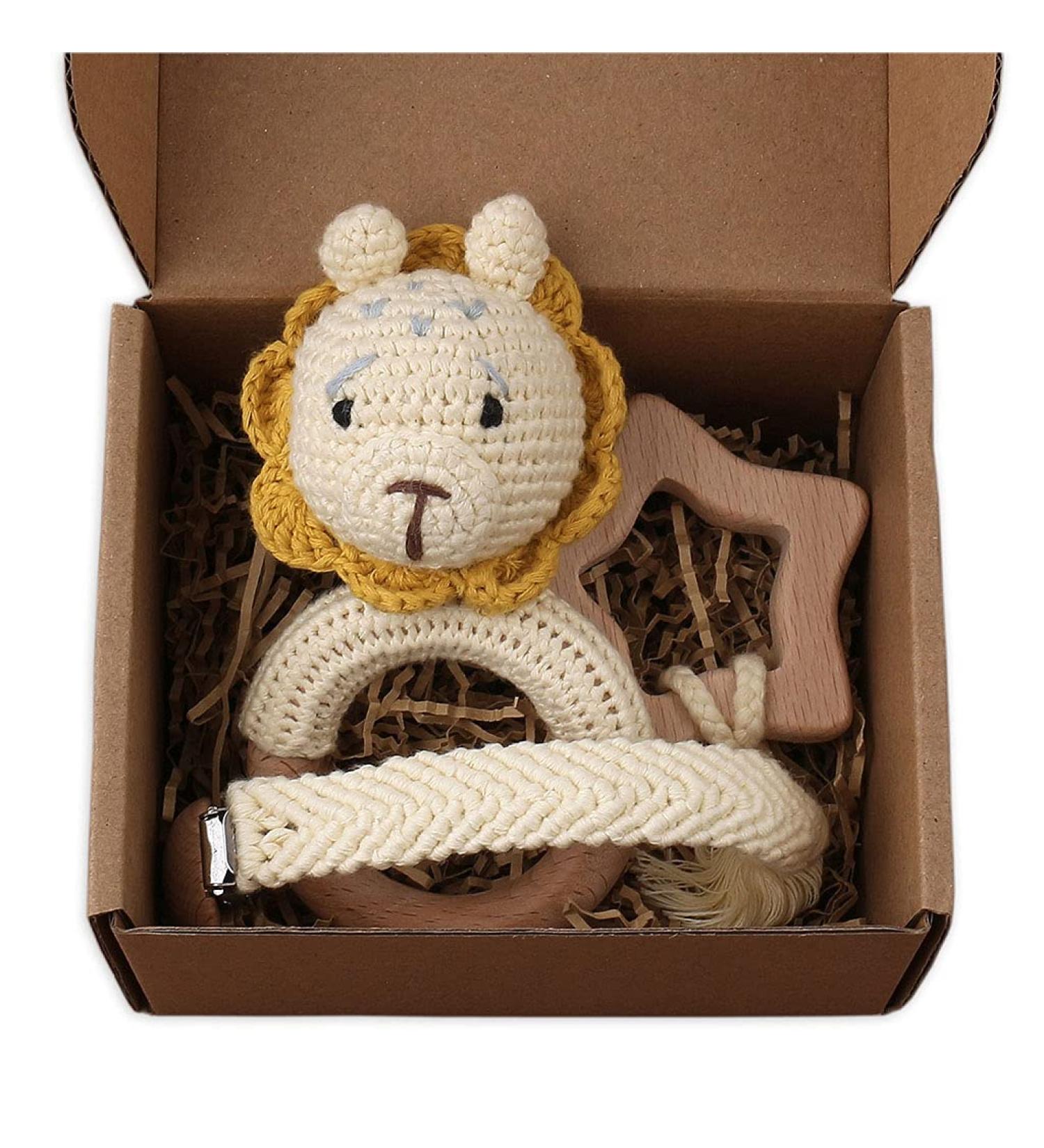 TIAN-K 3pcs Baby Shower Gift Set | Pacifier Chain Wooden Teether & Animal Rattle for Newborns - Buy Online on SooperMarket.com
