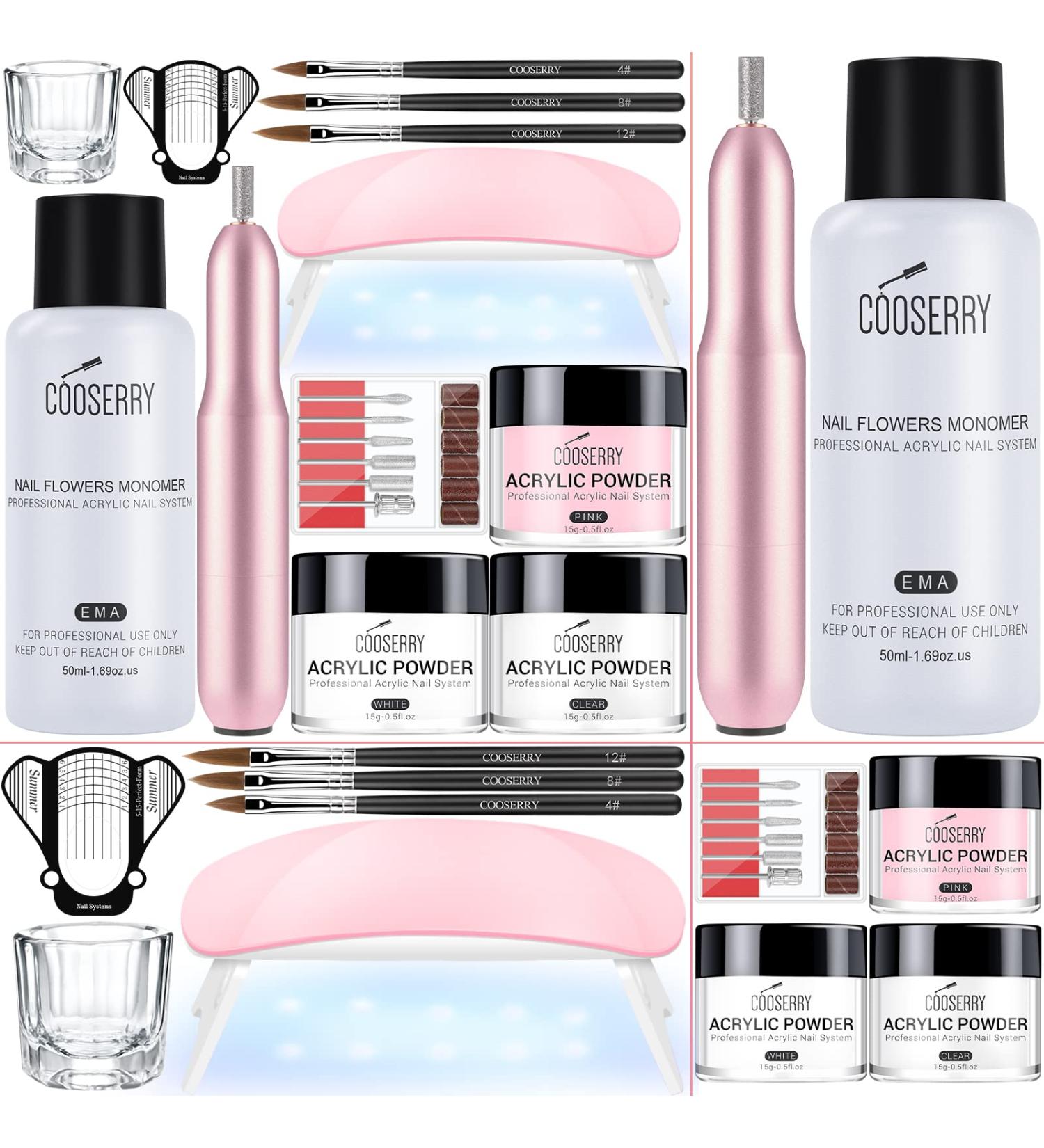 Cooserry Acrylic Nail Kit with Drill and UV Light - Beginner Nail Kit with 3 Colors Powder and Monomer Liquid Set - Buy Online on SooperMarket.com