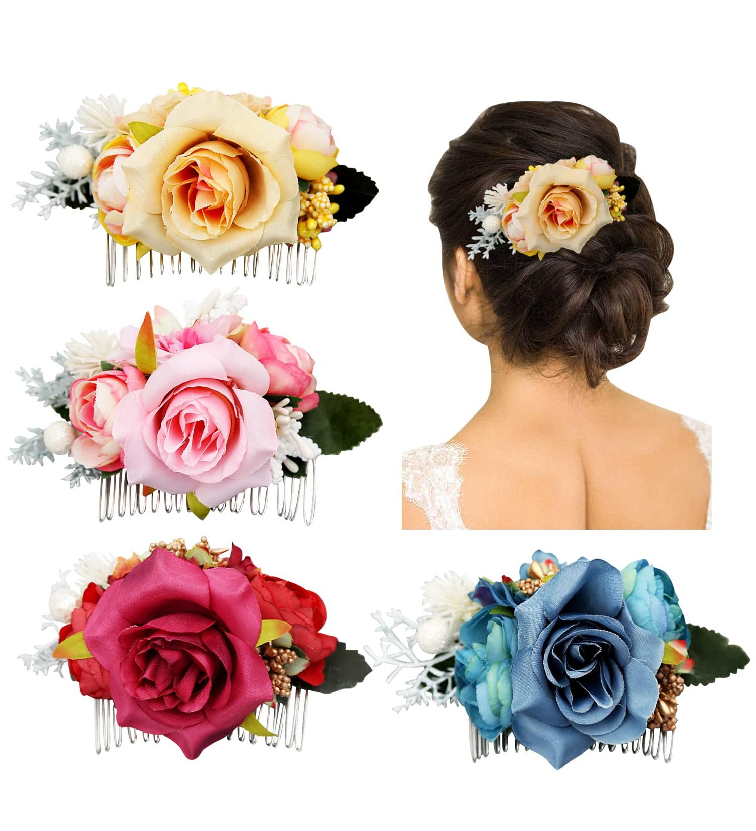 4 Pack Artificial Rose Flower Hair Combs - Wedding & Party Hair Accessories for Women - Buy Online on SooperMarket.com