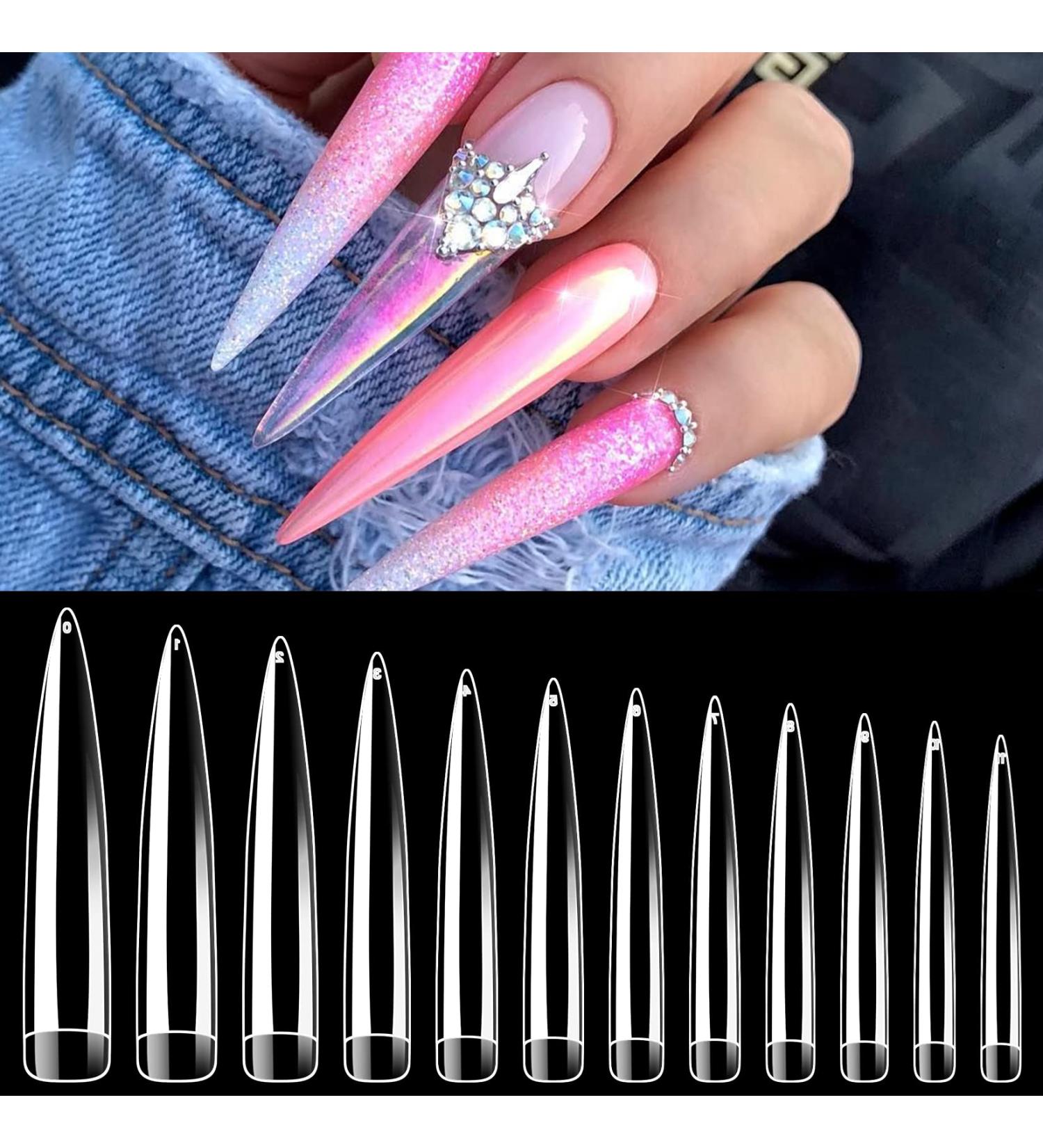 AORAEM Clear Extra Long Stiletto False Nail Tips 120 Pcs - 12 Sizes Acrylic Fake Nails - Buy Online on SooperMarket.com