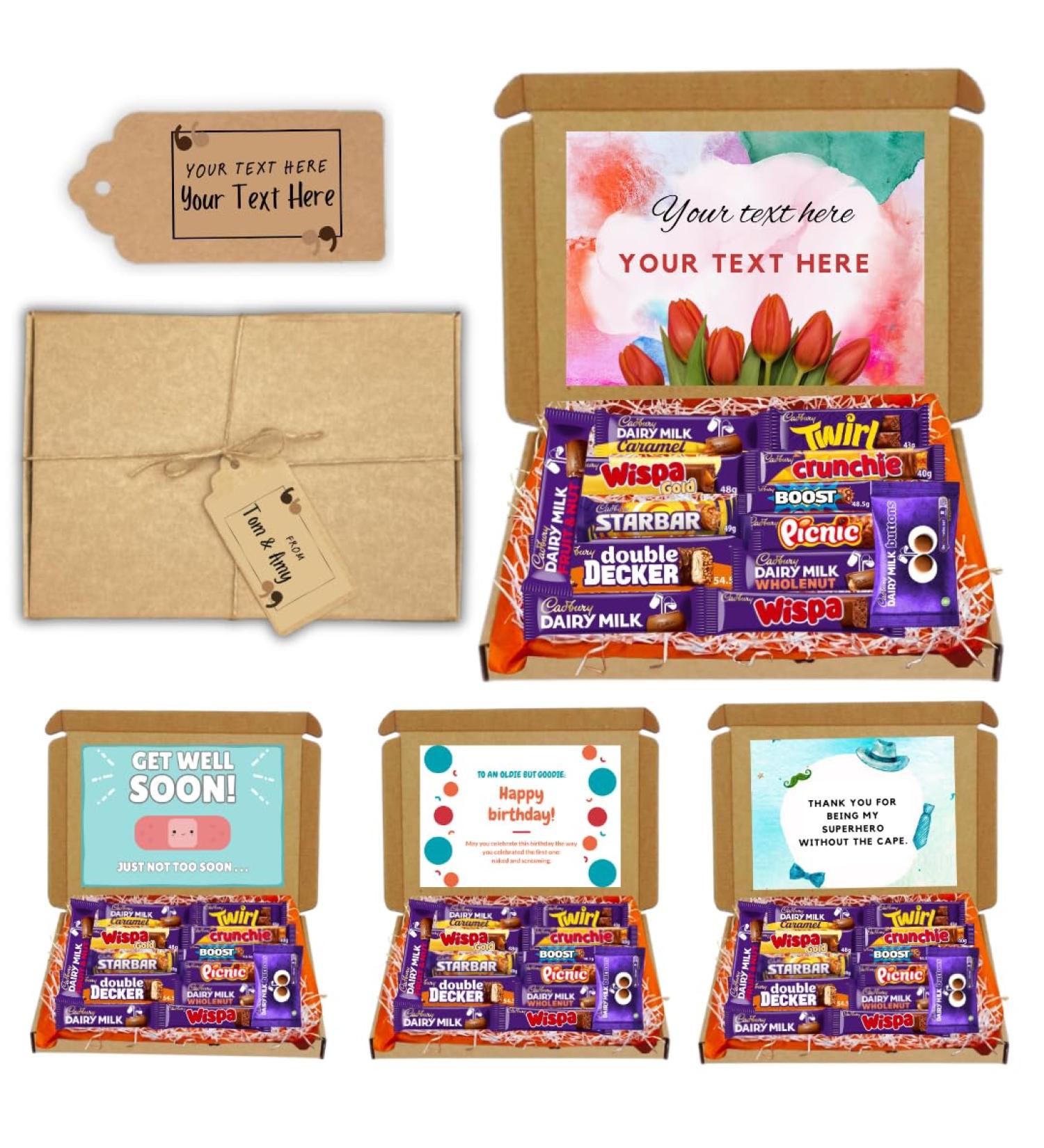 Personalised Cadbury chocolates hamper gift for everyone in unique presentation Full Sized Bars of the most favourite flavours comes with your own meaningful message (Personalised) - Buy Online on SooperMarket.com