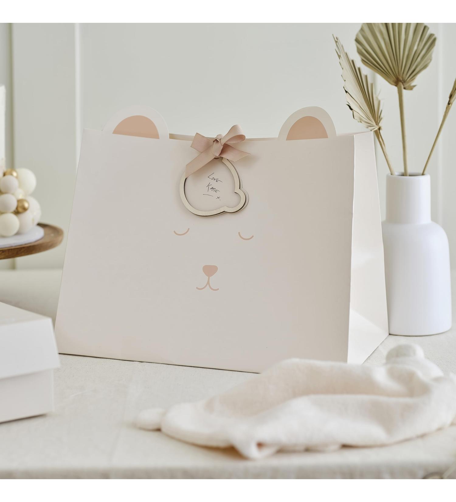 Ginger Ray Baby Shower White Teddy Bear Gift Bag with Pop-Out Ears | Neutral Gender-Friendly Design - Buy Online on SooperMarket.com
