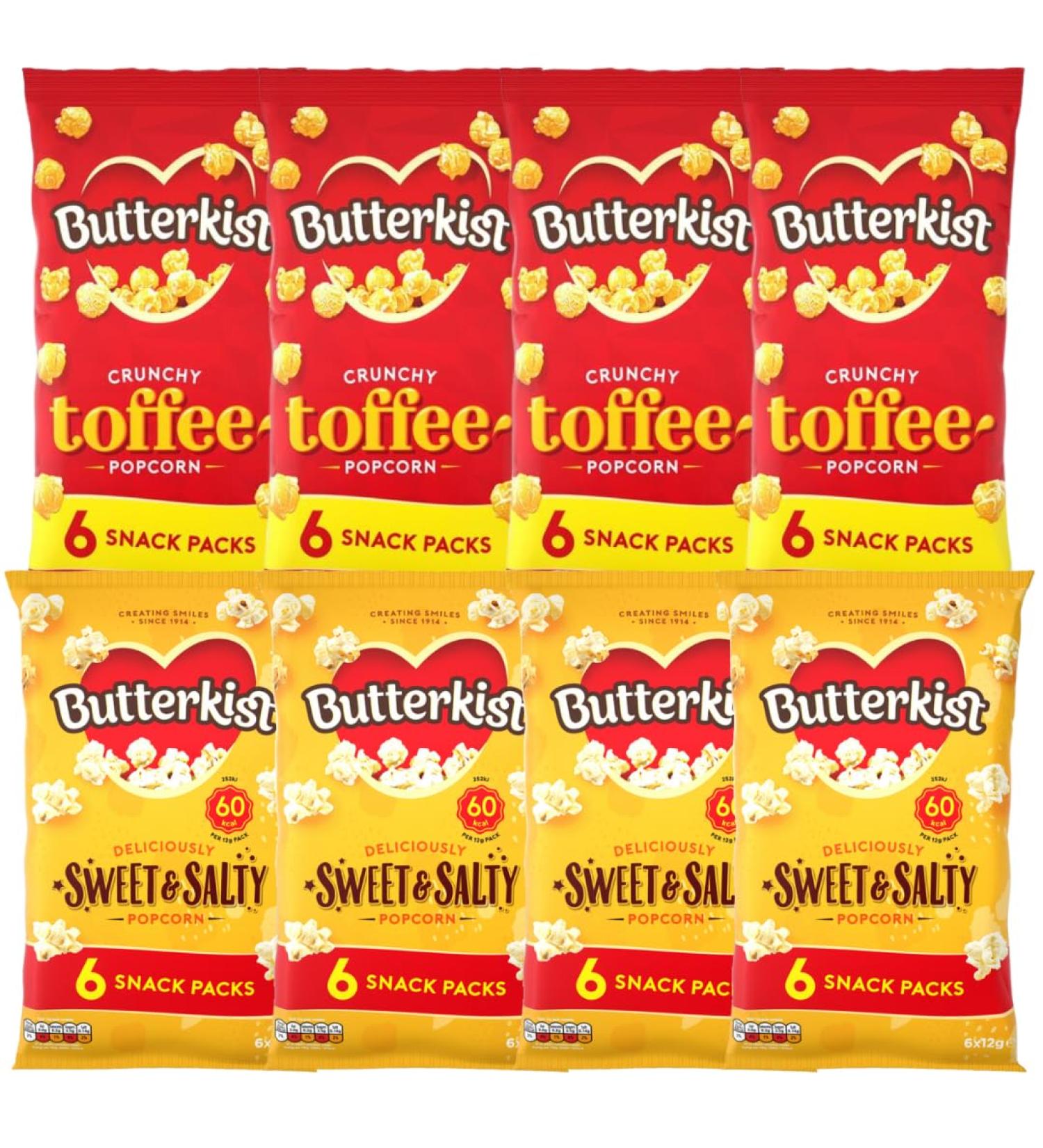 Popcorn Bundle with Butterkist Delicious Sweet & Salty Popcorn 6x12g x4 and Crunchy Toffee Popcorn 6x20g x4 (8 Pack) - Buy Online on SooperMarket.com