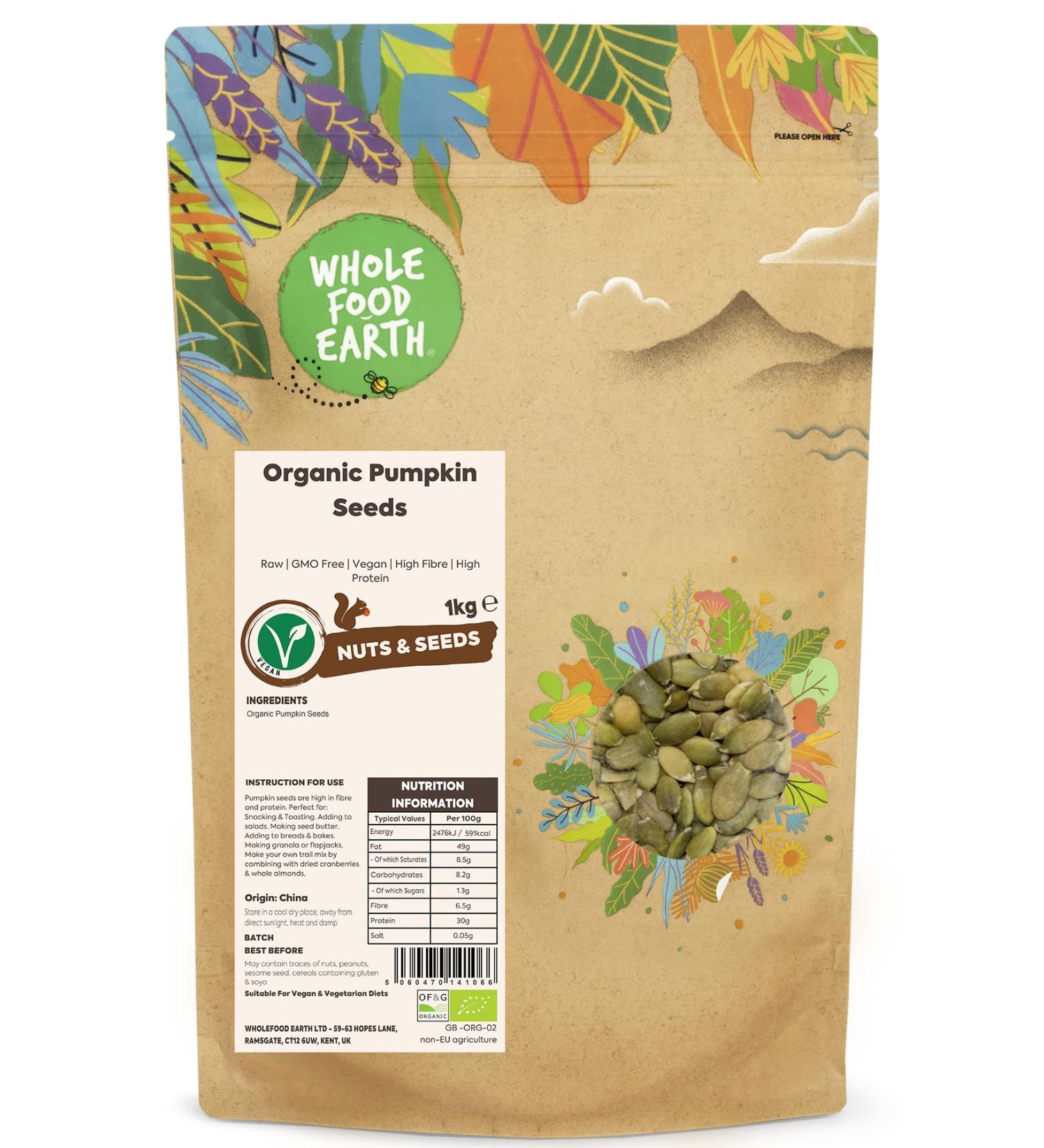 Wholefood Earth Organic Pumpkin Seeds 1kg - Raw, GMO-Free, Vegan - High Fibre, High Protein - Certified Organic - Buy Online on SooperMarket.com