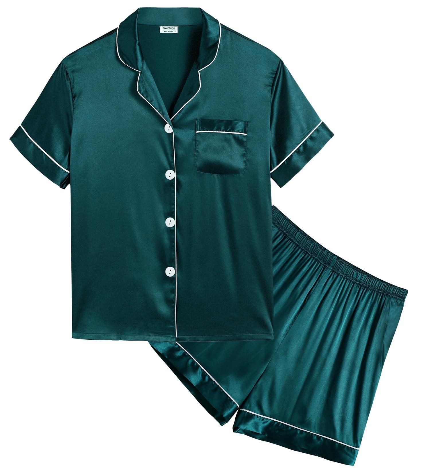 SWOMOG Kids Silk Pyjamas Set - Short Sleeve Button-Down Satin PJs for Boys and Girls, Silky Nightwear for Children and Teens (Ages 4-16), Dark Green - 8-9 Years - Buy Online on SooperMarket.com