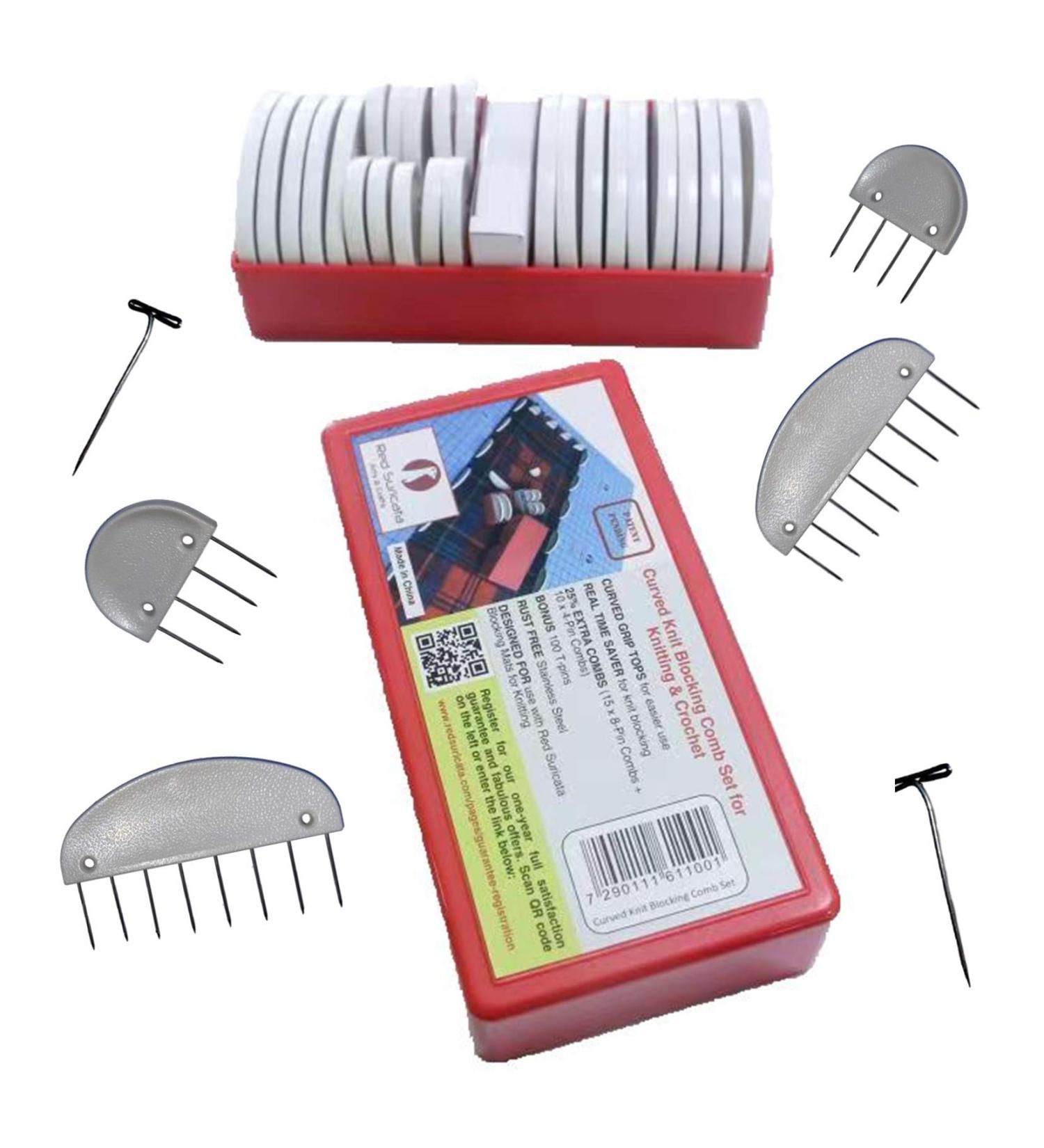 Red Suricata Curved Knit Blocking Combs Set - 25 Edge Blockers for Knitting & Crochet Projects with 100 T pins - Use with Blocking Mats - Patent Pending - Buy Online on SooperMarket.com
